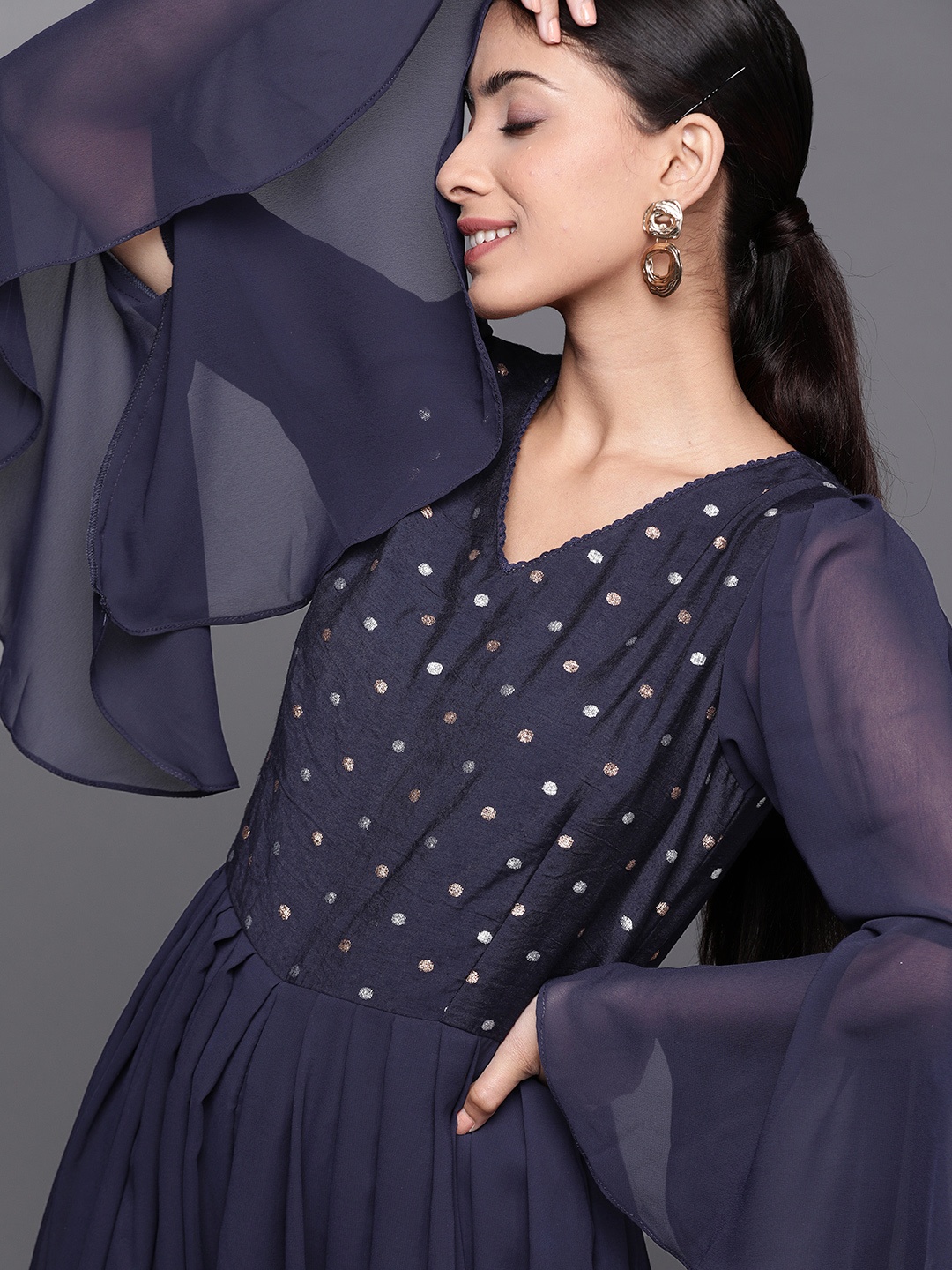 

Inddus Women Navy Blue Self-Design Basic Flared Jumpsuit