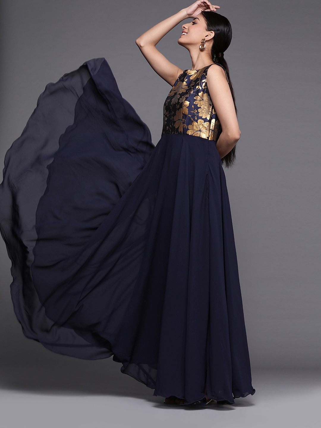 

Inddus Women Navy Blue Self Design Gown Dress