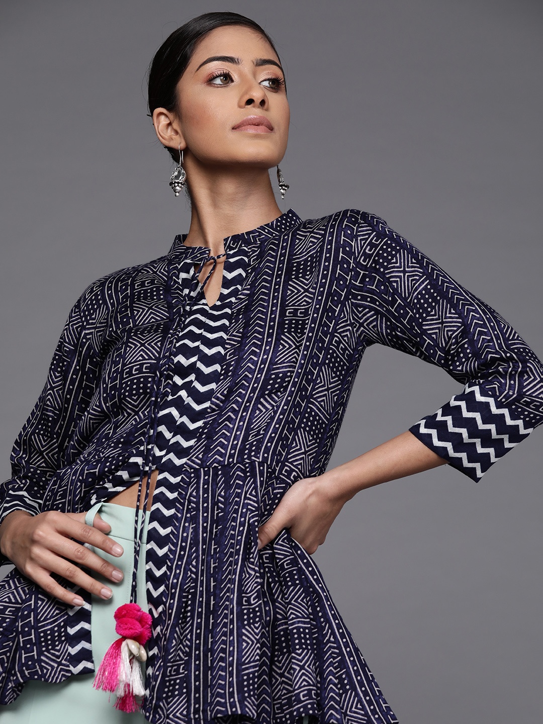 

Inddus Women's Navy Blue & White Printed Cotton A-Line Tunic