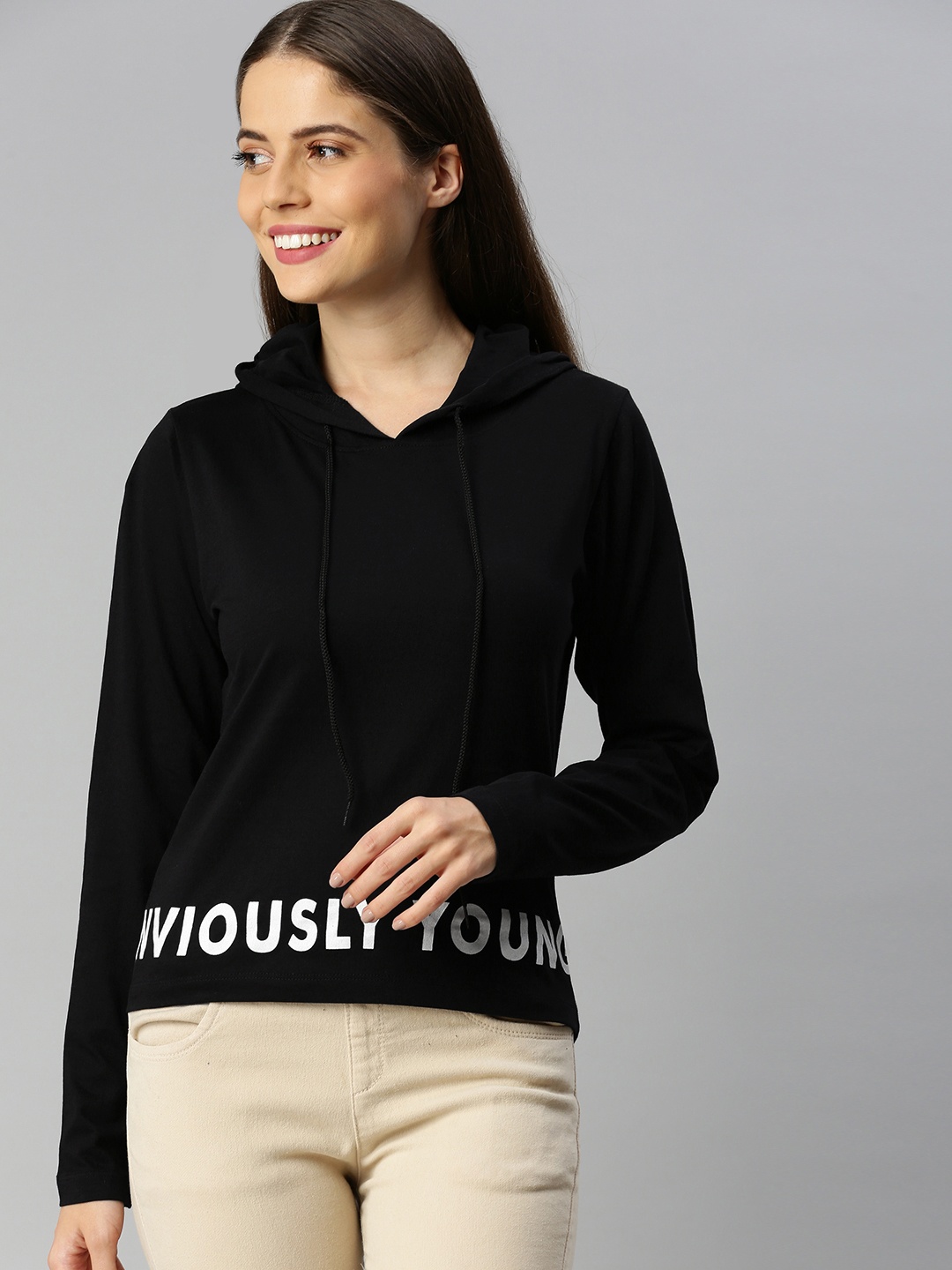 

Enviously Young Women Black Printed Hood Pure Cotton T-shirt