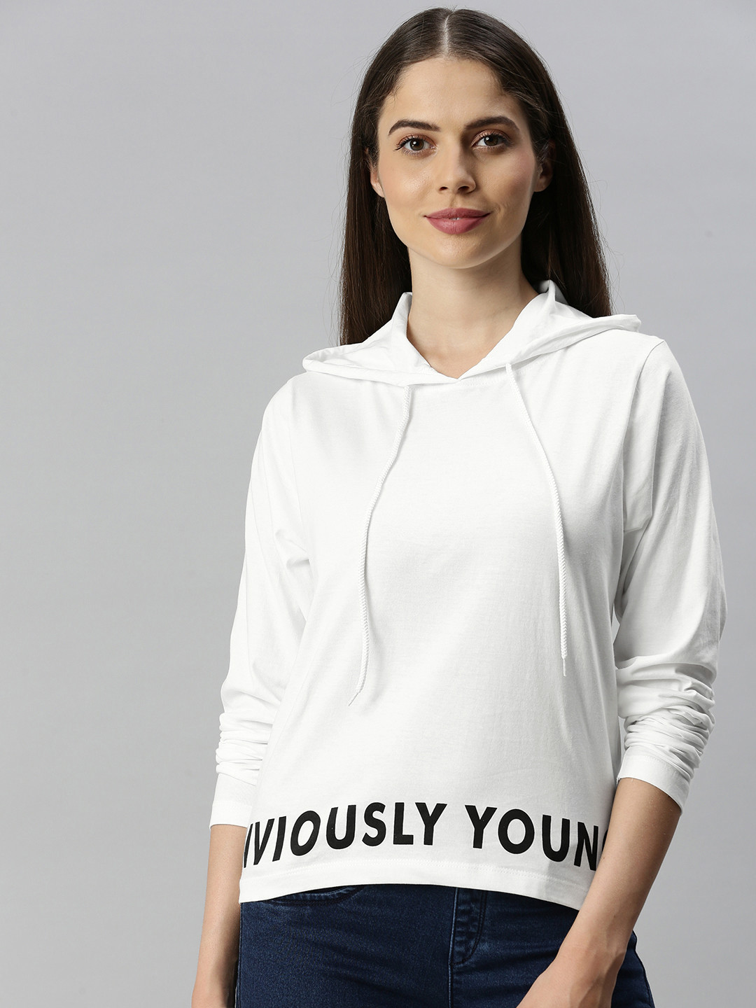 

Enviously Young Women Off-White Printed Hood Pure Cotton T-shirt