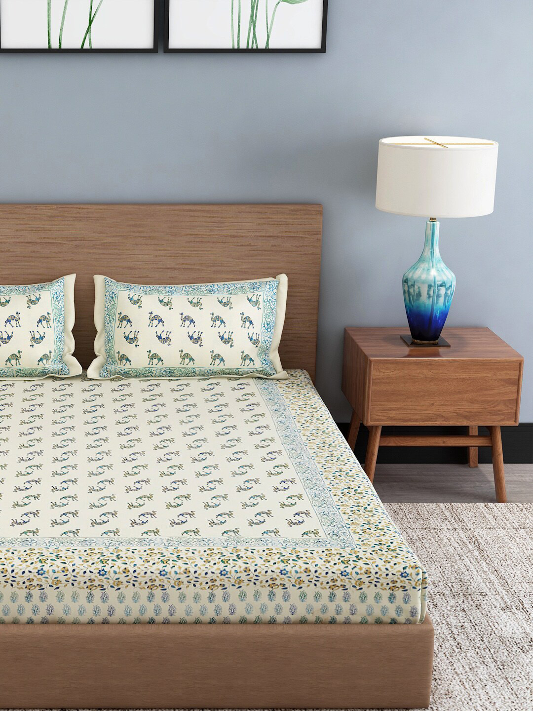 

Gulaab Jaipur Blue & Yellow Abstract 400 TC Cotton 1 King Bedsheet with 2 Pillow Covers