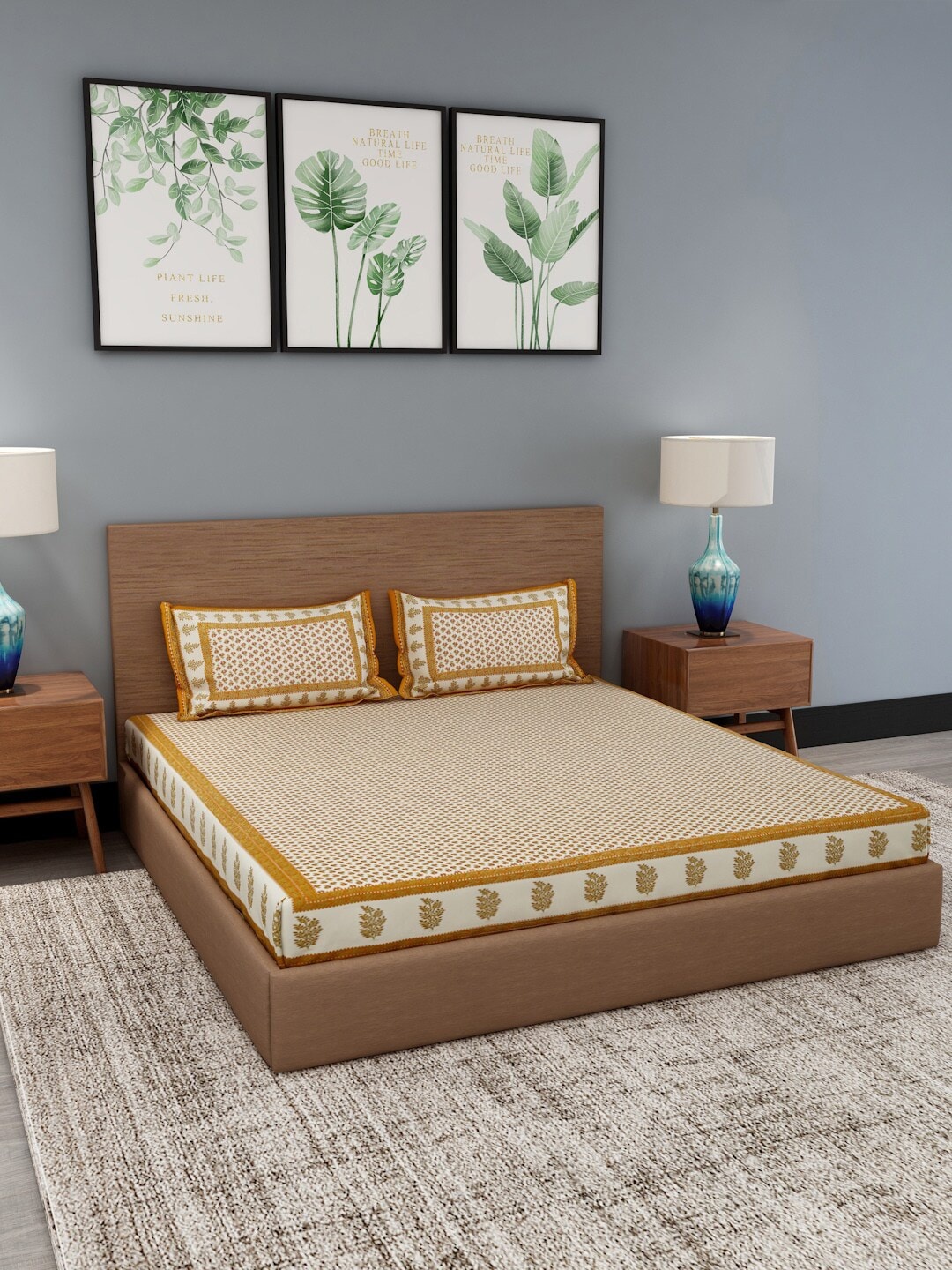 

Gulaab Jaipur Cream-Coloured & White Ethnic Motifs 400 TC Cotton 1 King Bedsheet with 2 Pillow Covers