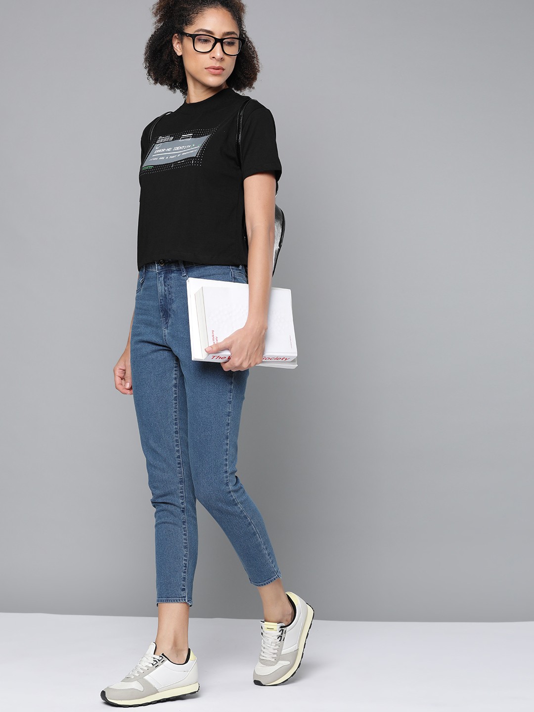 

Kook N Keech Women Black Grey Printed Pure Cotton Boxy Pure Cotton T-shirt