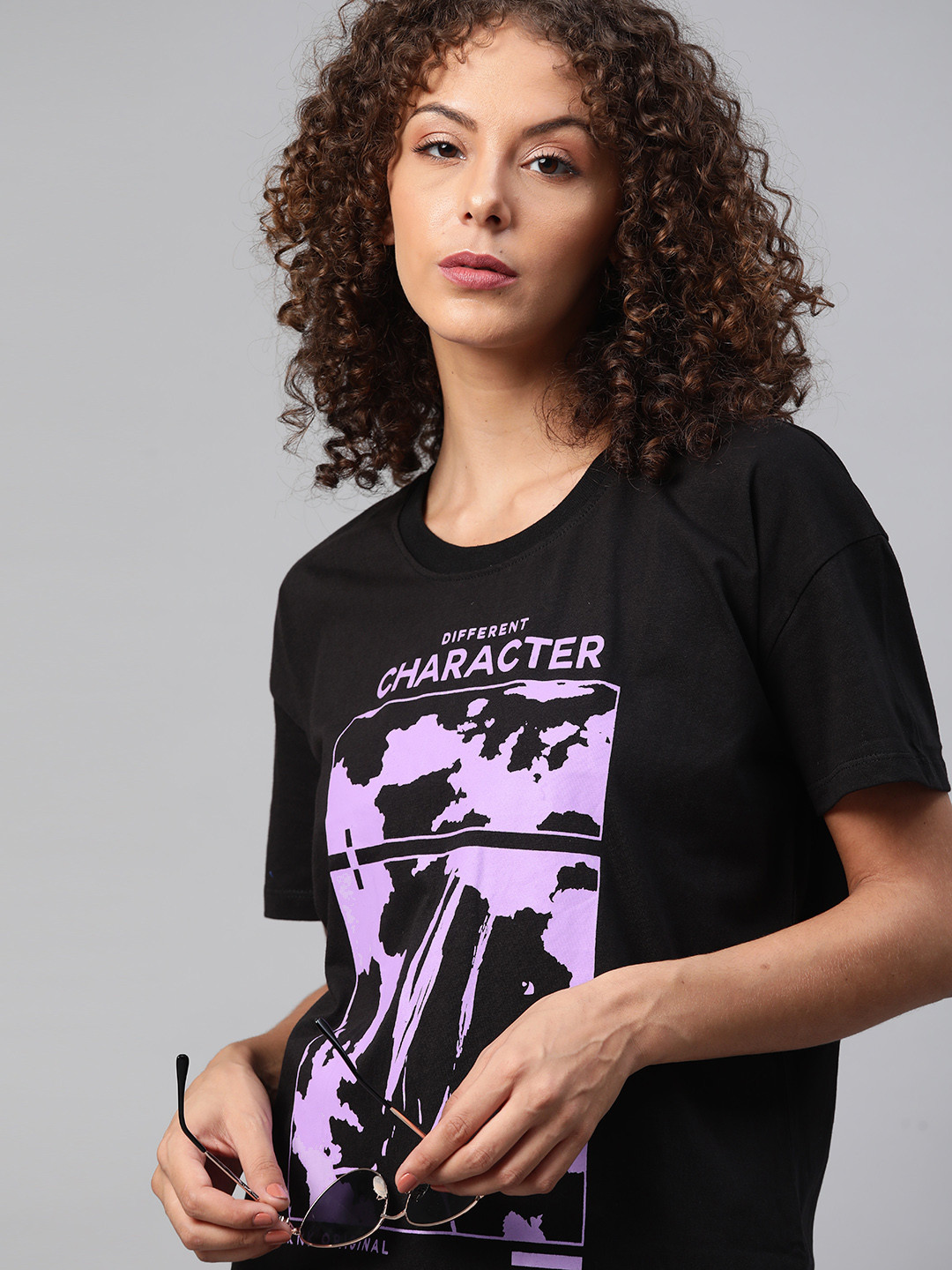 

Kook N Keech Women Black & Purple Printed Cotton Drop-Shoulder Sleeves T-shirt