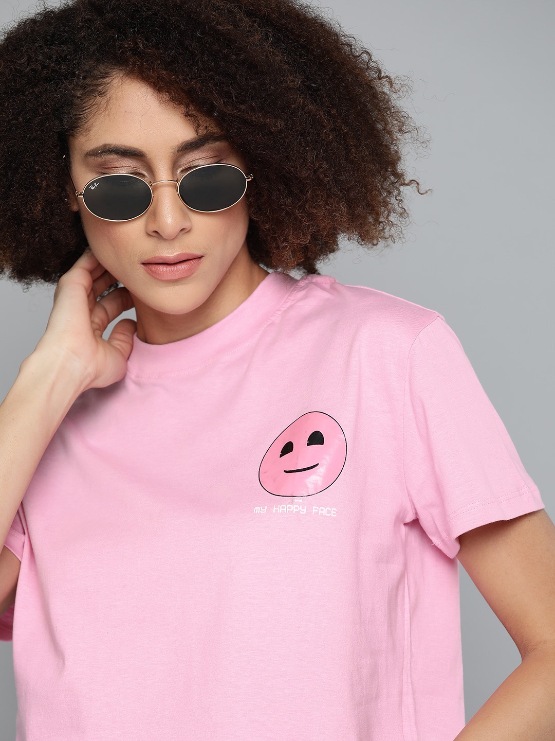 

Kook N Keech Emoji Women Pink Printed Detail Solid Cotton Crop T-shirt