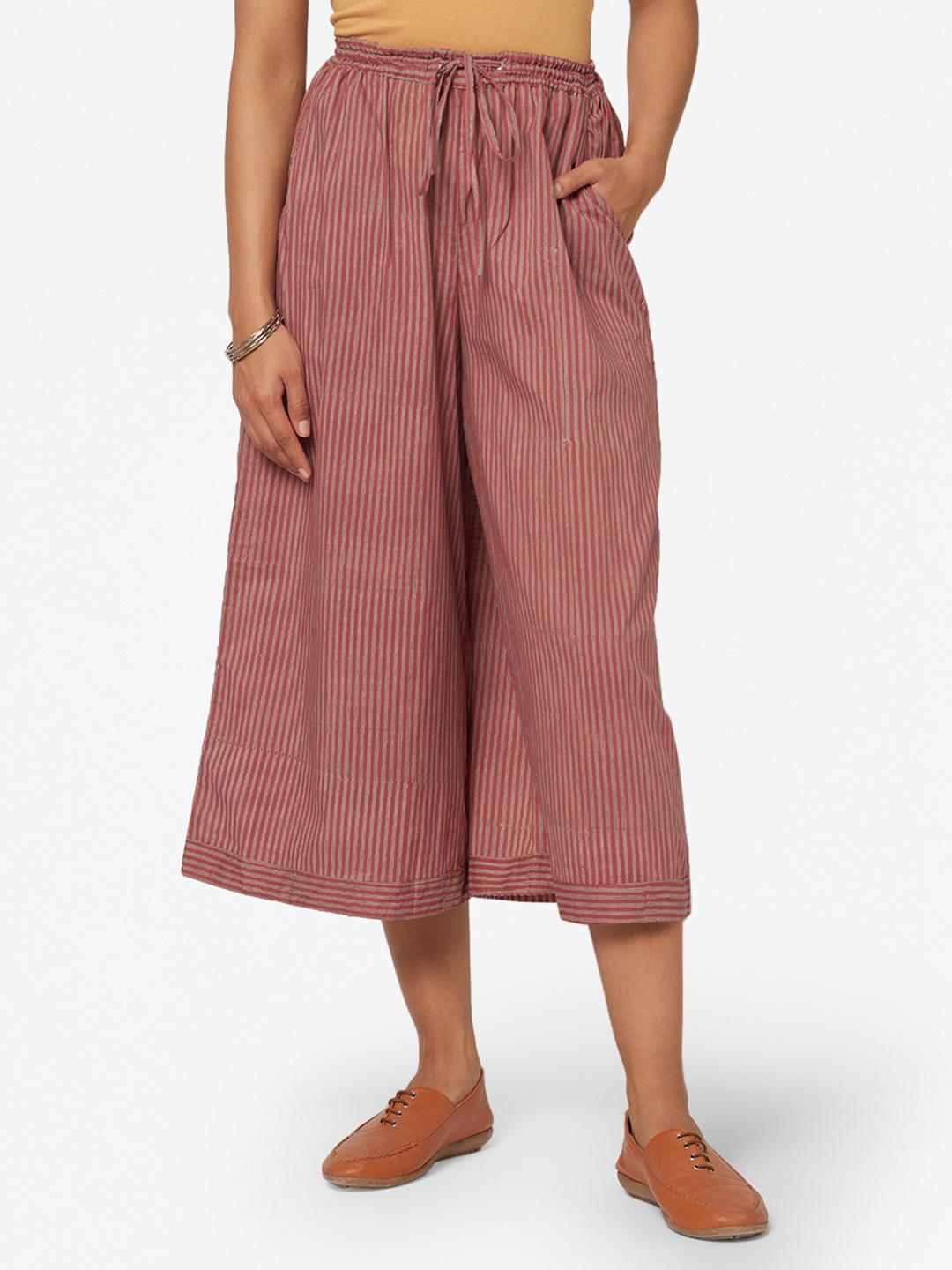 

Fabindia Women Red & Taupe Striped Culottes
