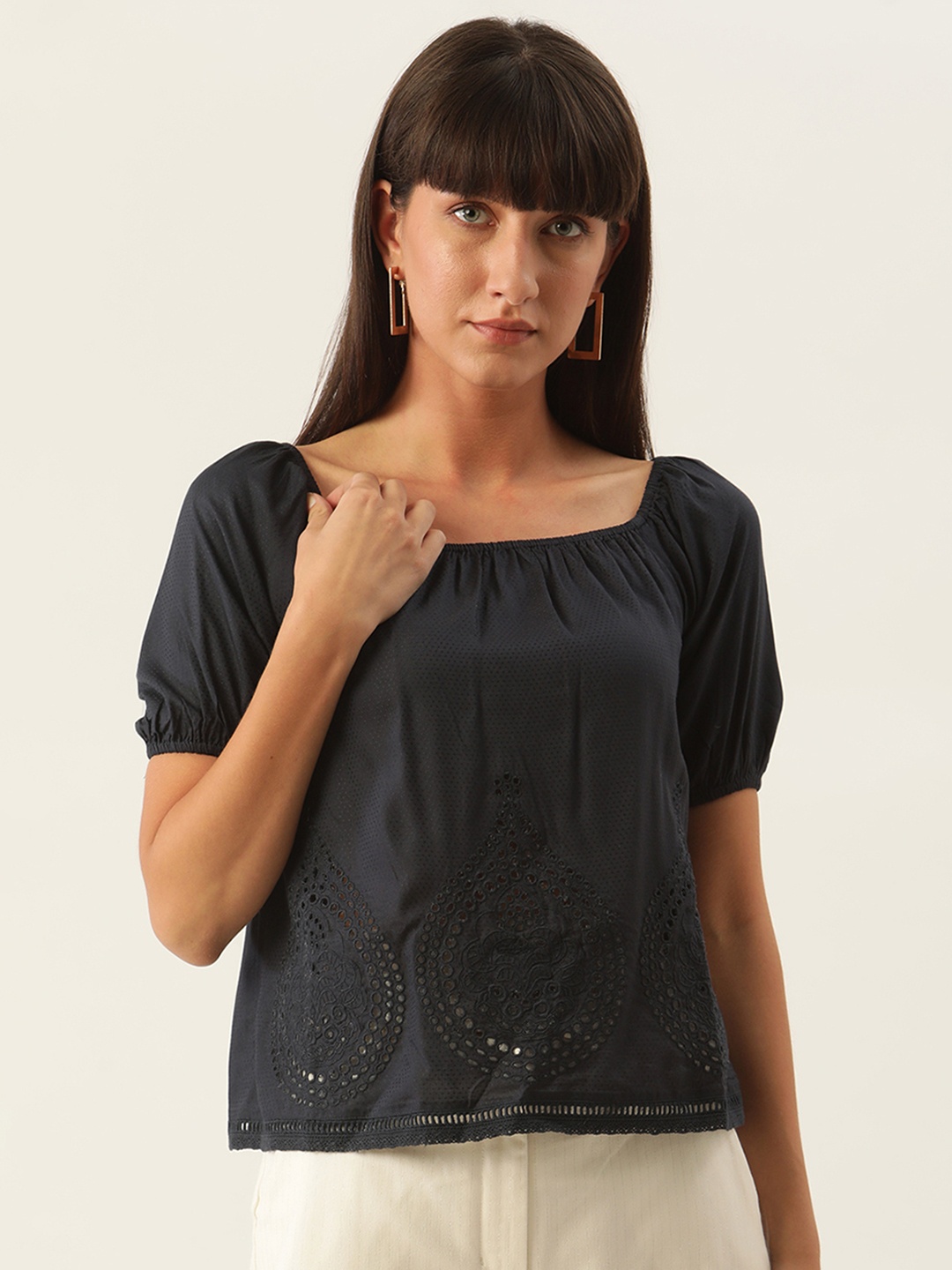 

ZOELLA Navy Blue Embroidered Off-Shoulder Bardot Top