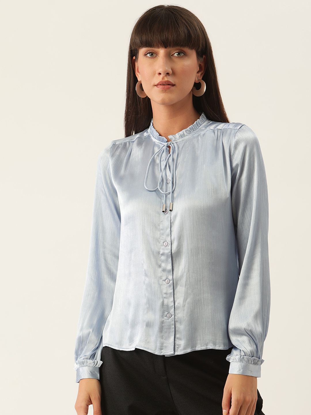 

ZOELLA Blue Tie-Up Neck Puff Sleeves Shirt Style Top