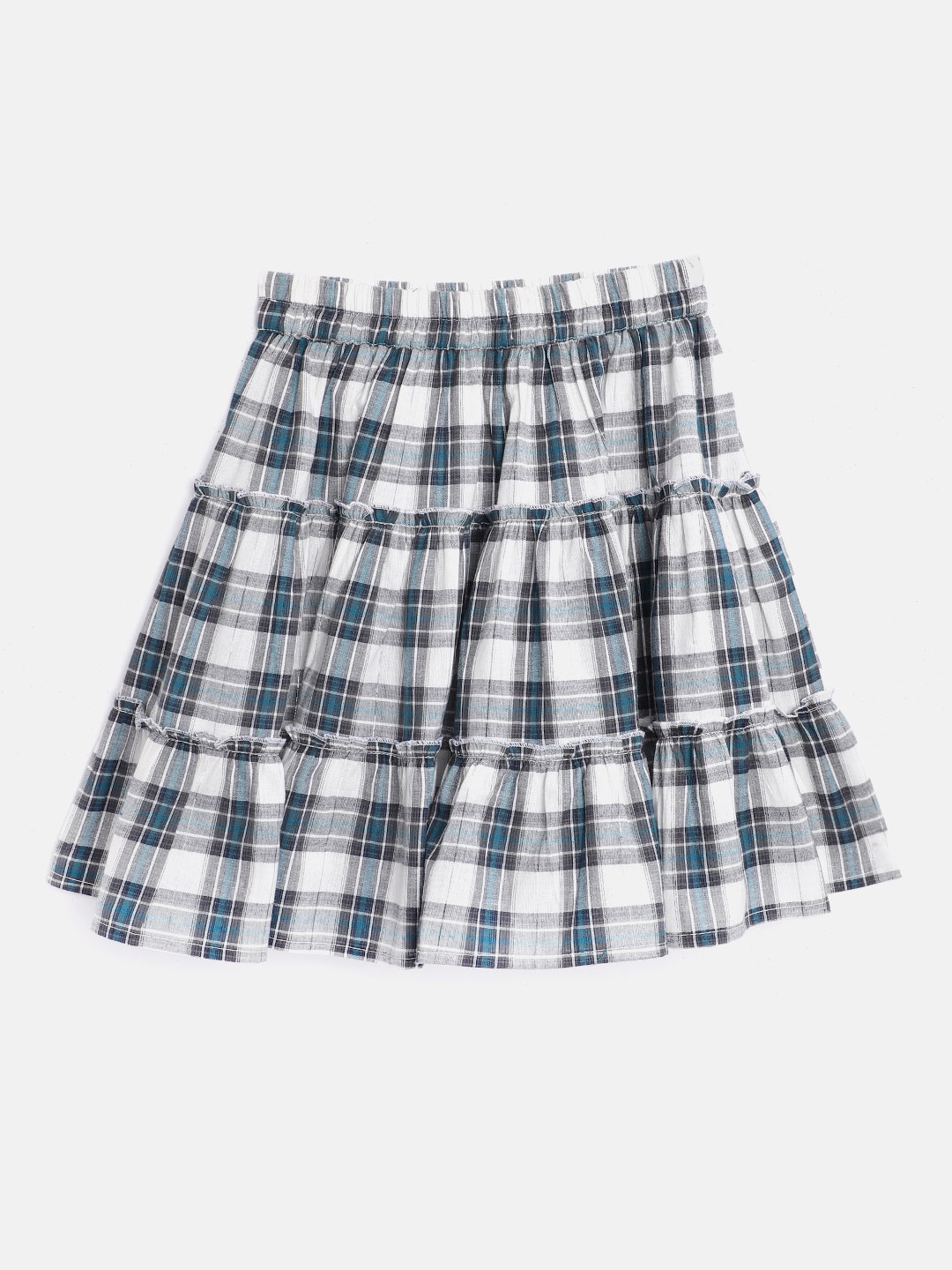 

luyk Girls Grey & Green Checked Tiered Pure Cotton A-Line Skiet