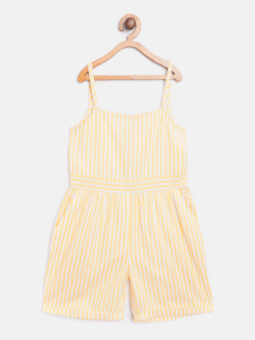 

luyk Girls Yellow & White Pure Cotton Striped Playsuit