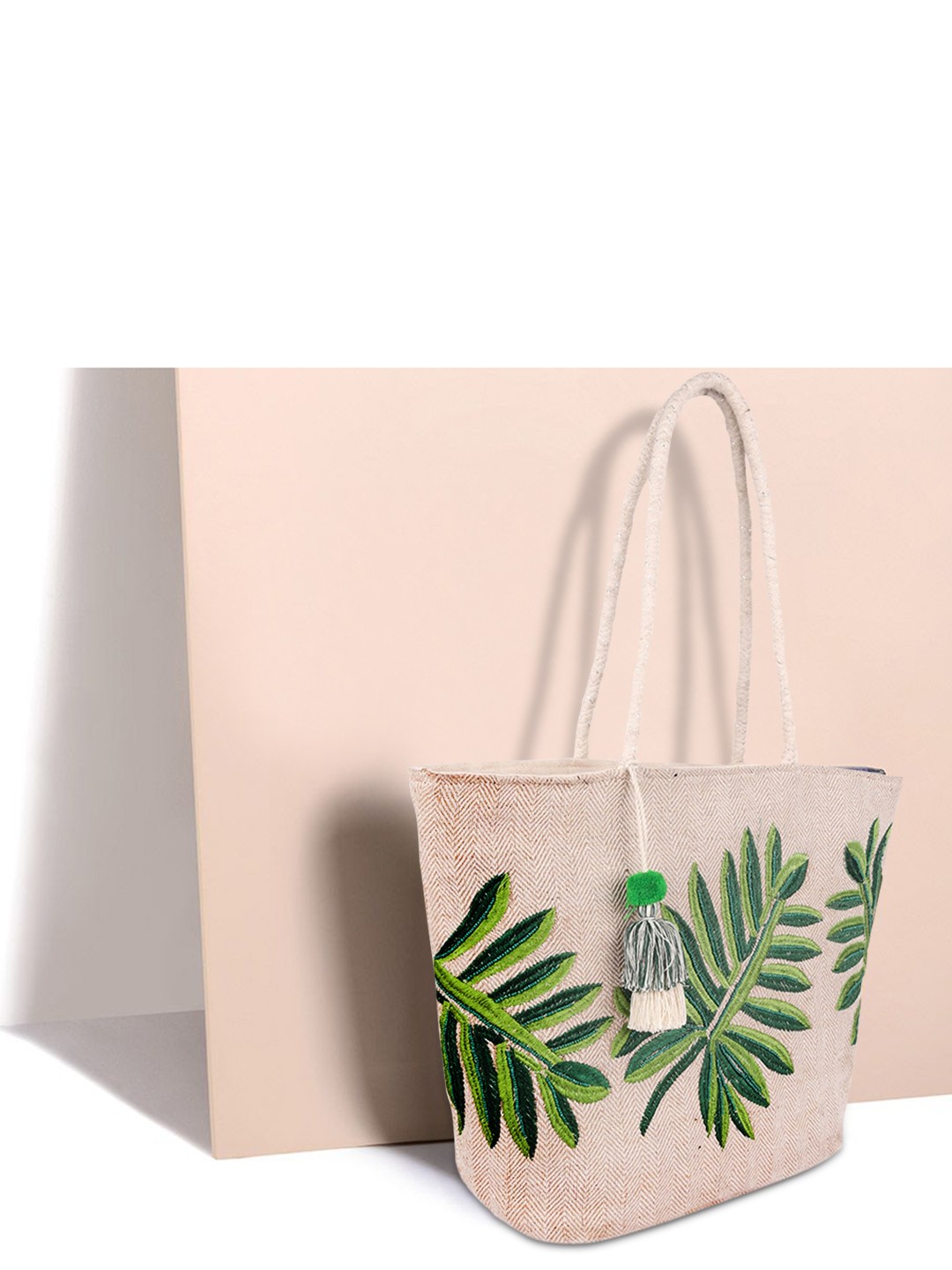

ASTRID Green & Beige Printed Tote Bag