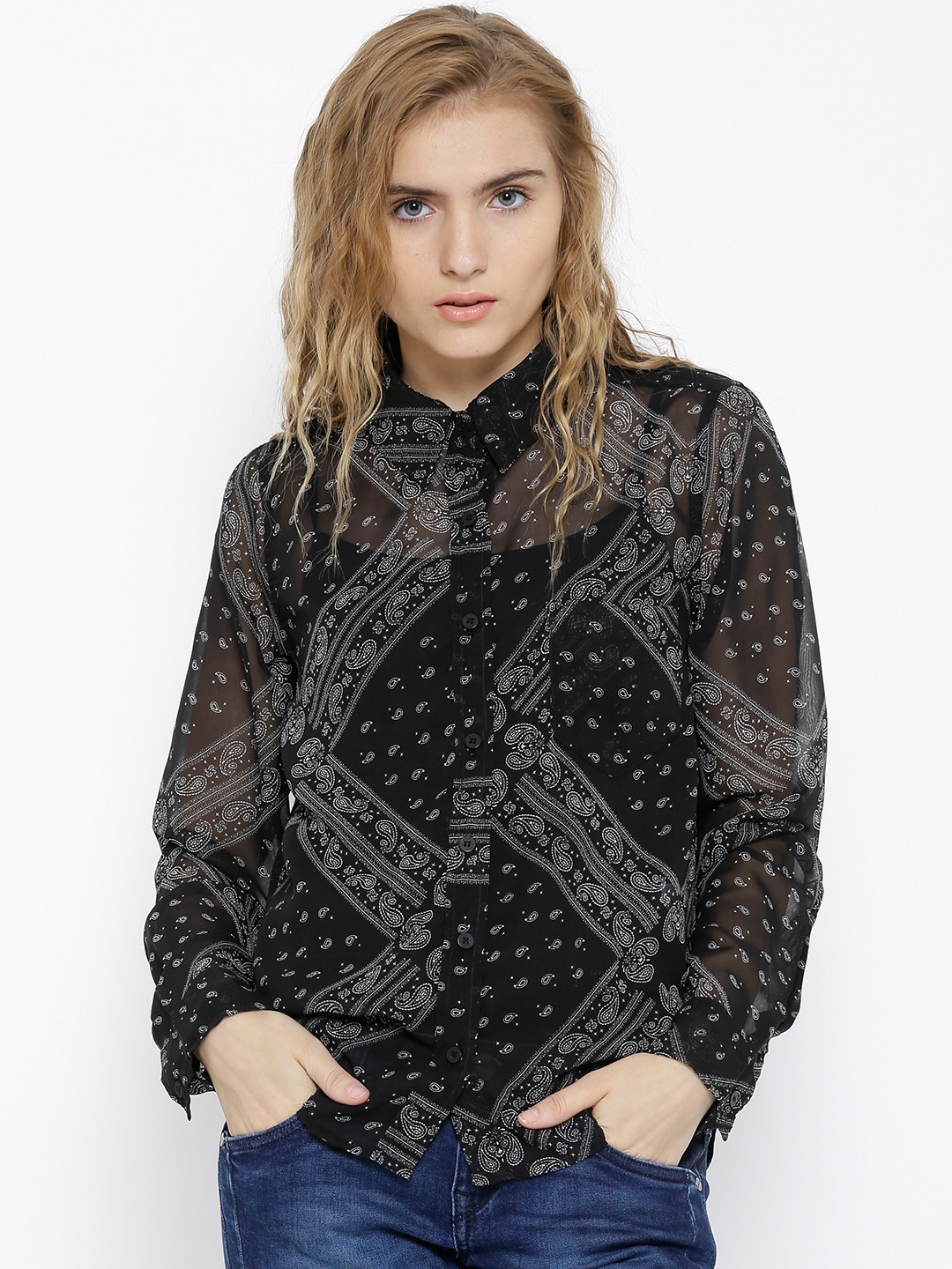 

Sera Black Polyester Paisley Print Shirt