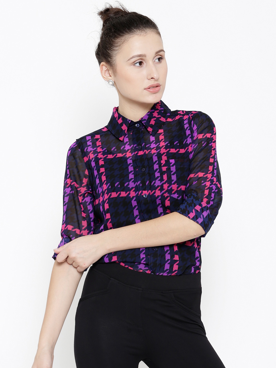 

Sera Women Navy & Pink Sheer Printed Casual Shirt, Navy blue