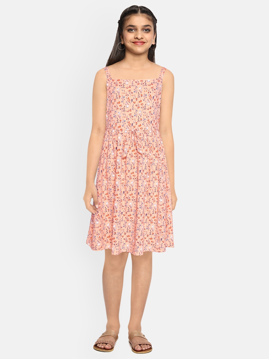 

YK Girls Peach-Coloured & Grey Floral Print Pure Cotton A-Line Dress with Gathered Detail