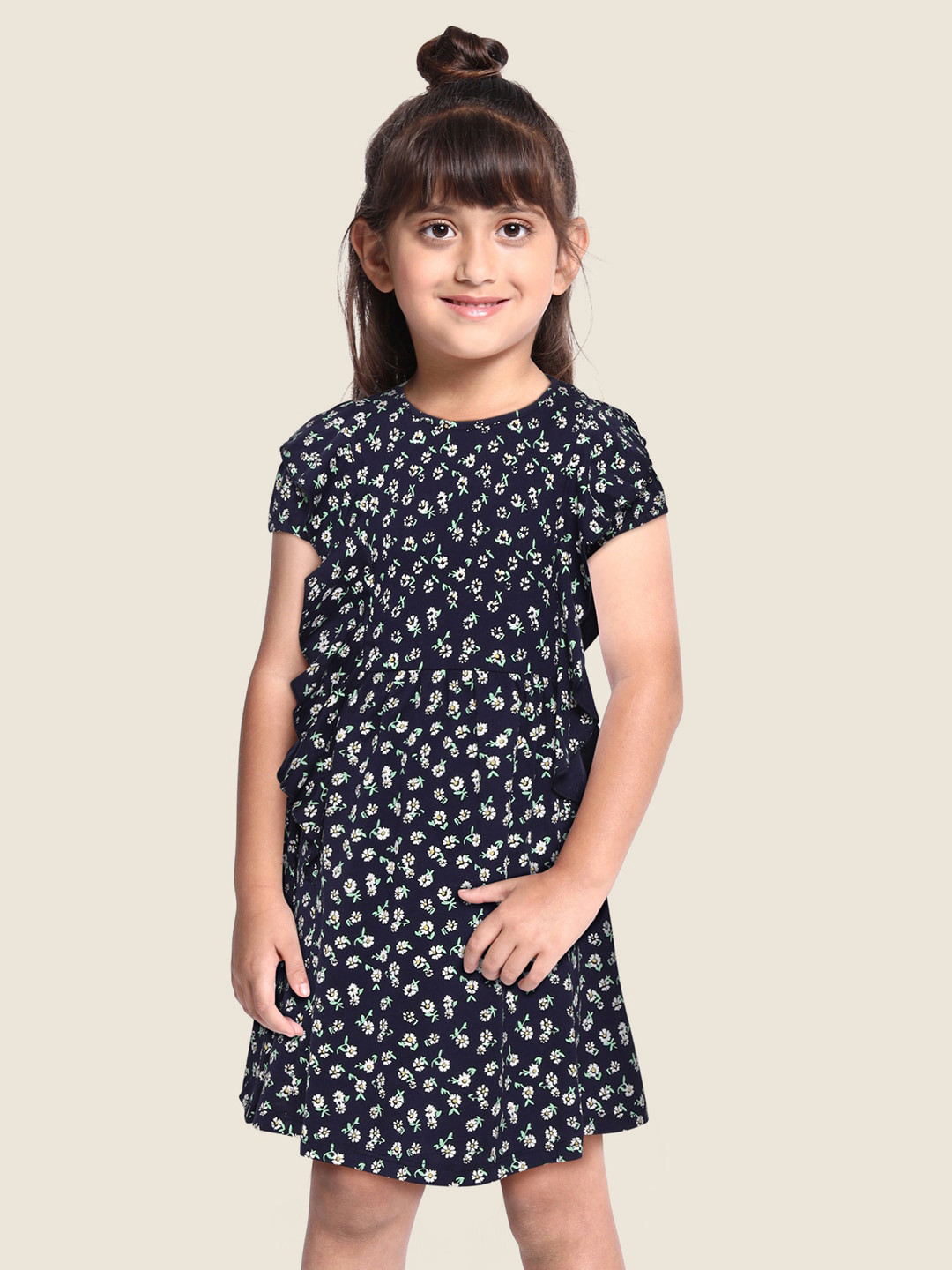 

YK Girls Navy Blue & White Floral Print Pure Cotton A-Line Dress with Ruffled Detail