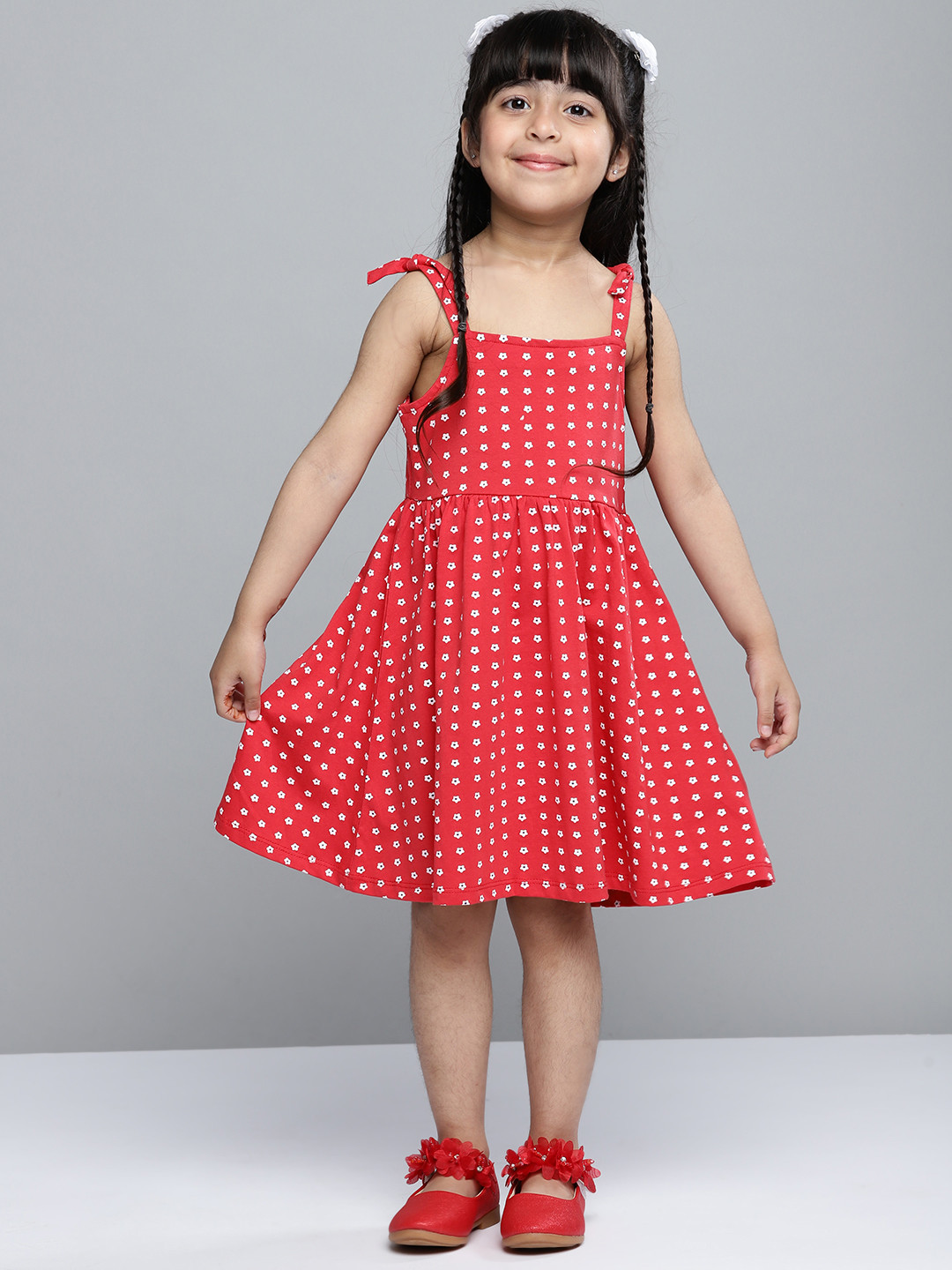 

YK Girls Red & White Floral Print Pure Cotton A-Line Dress with Tie-Ups