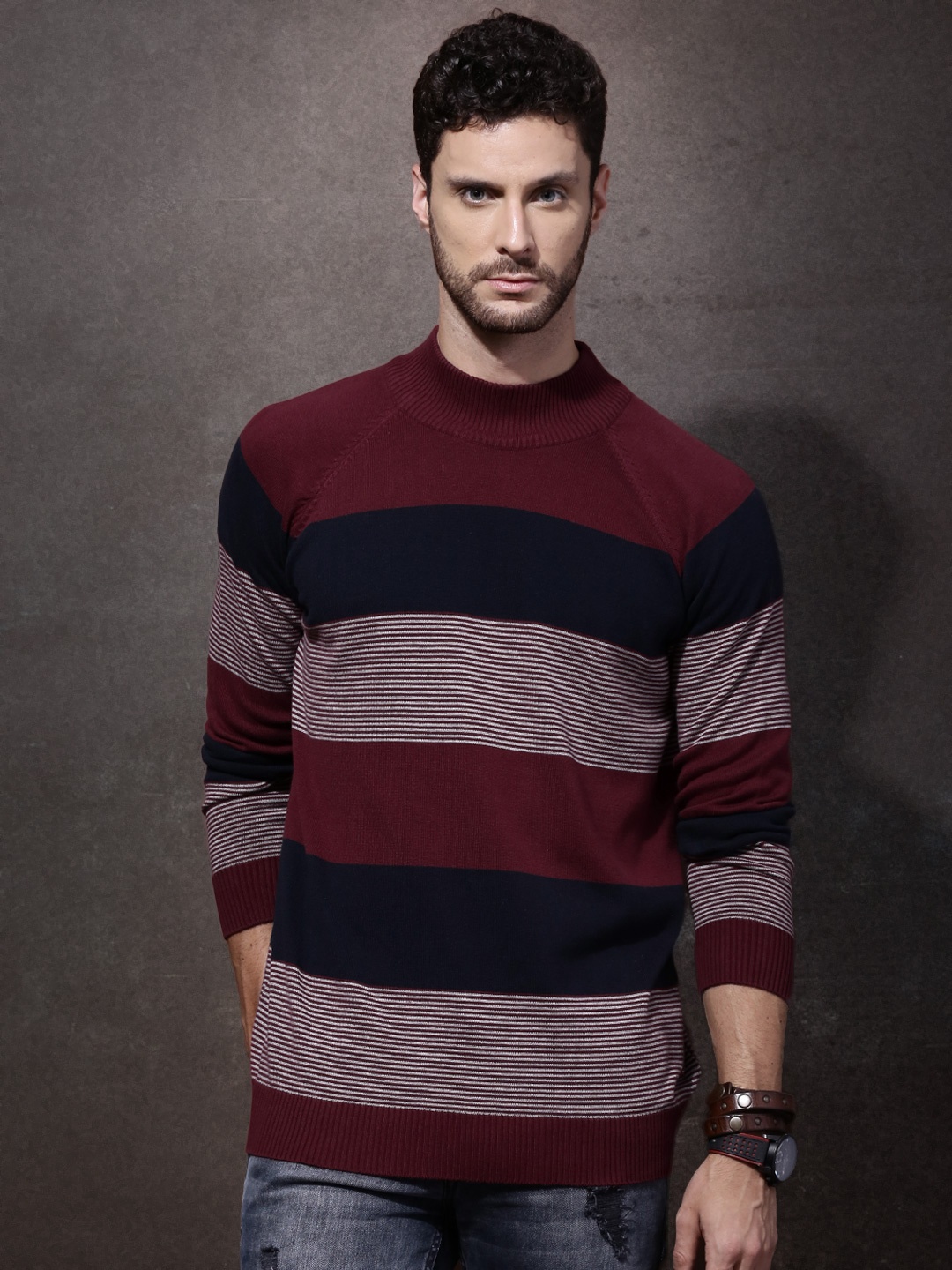 

Roadster Men Burgundy & Navy Colourblock Sweater