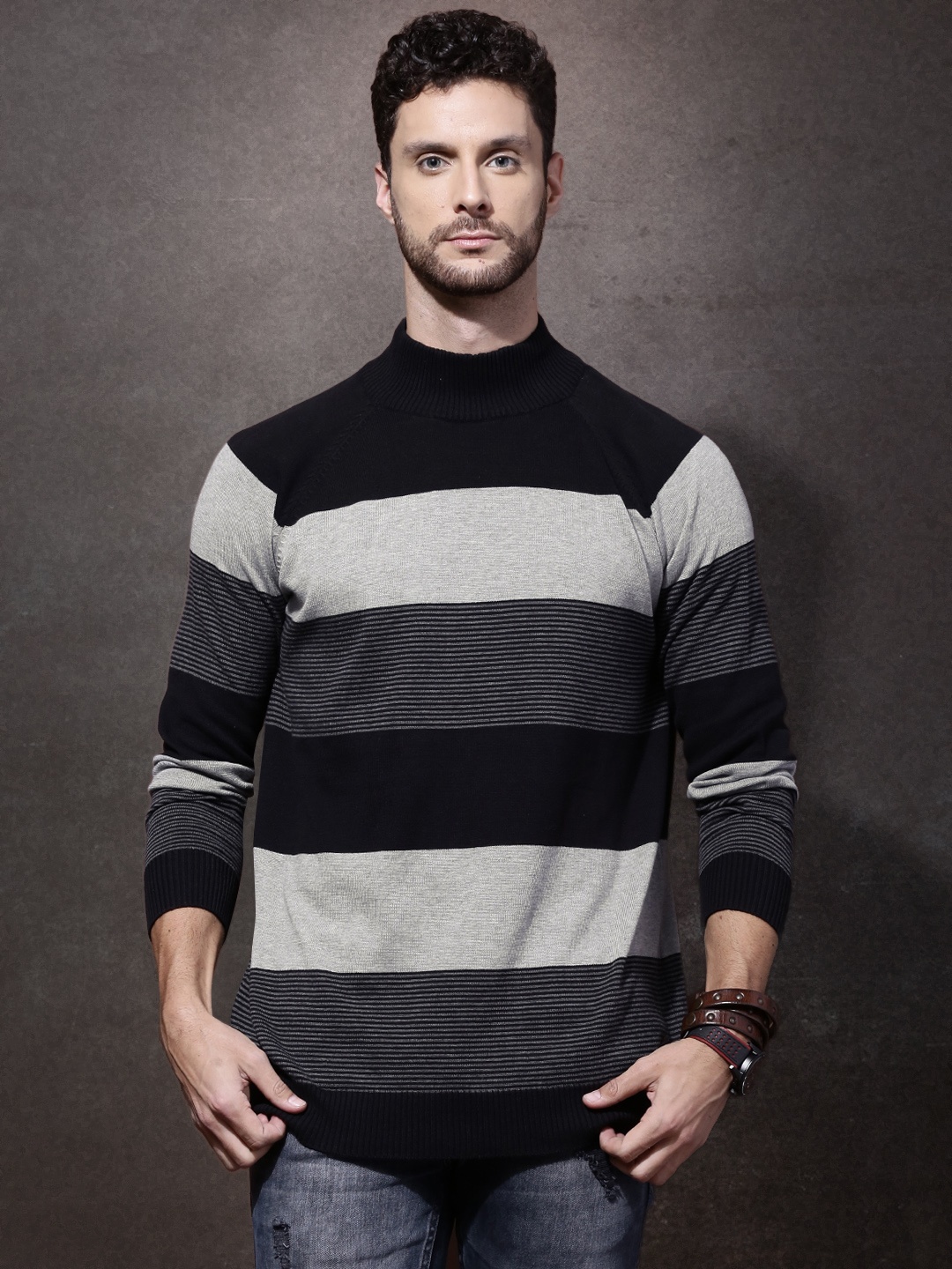 

Roadster Men Black & Grey Colourblock Sweater