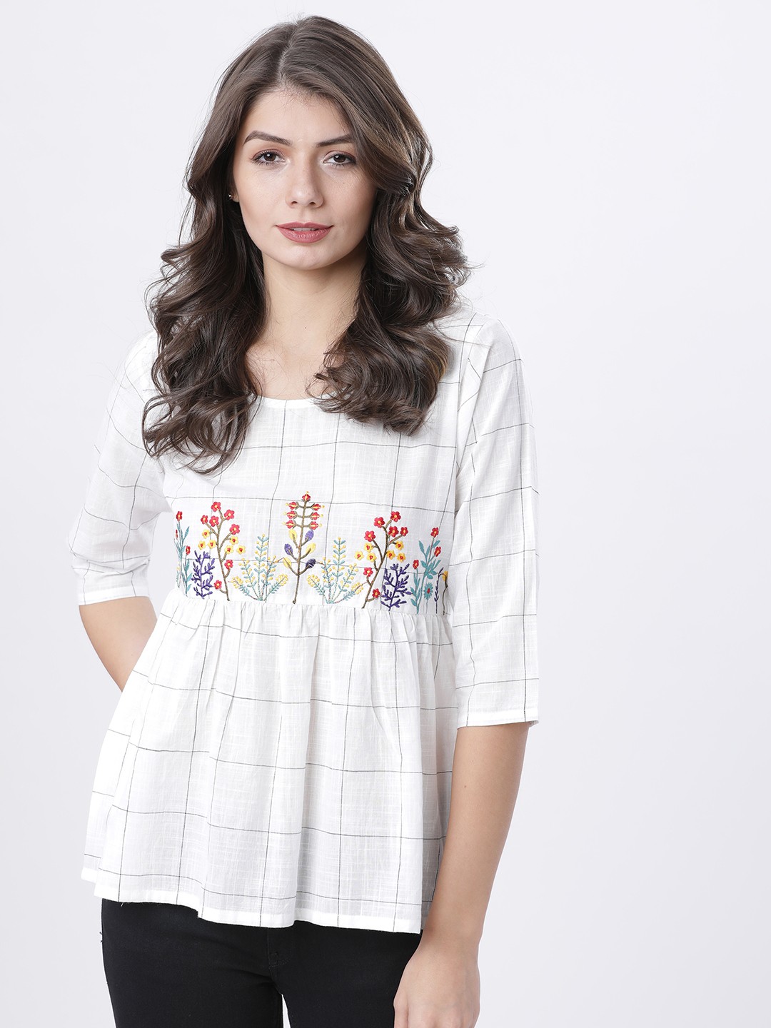 

Vishudh Black Floral Embroidered Gathered Top