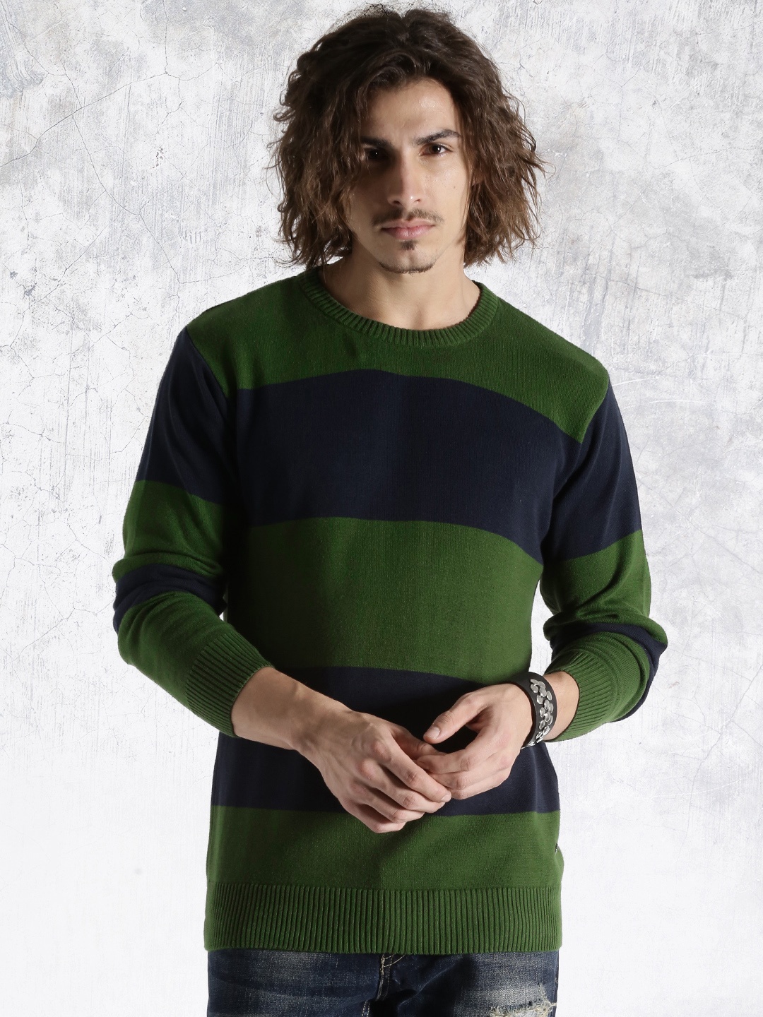 

Roadster Navy & Green Striped Sweater, Navy blue