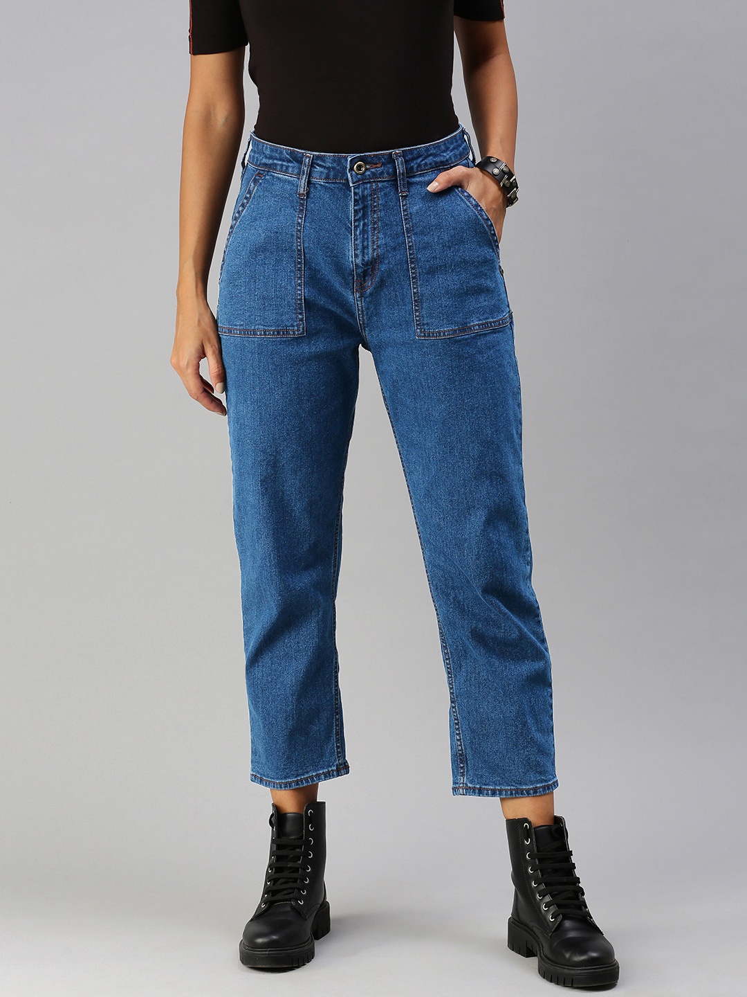 

Roadster Women Blue Straight Fit Workwear Inspired Stretchable Cropped Jeans