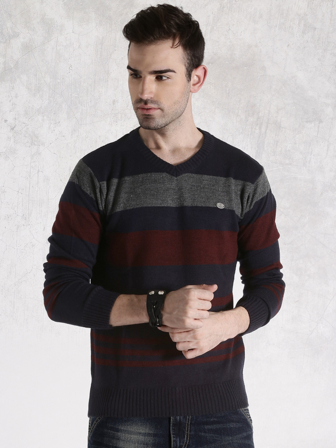 

Roadster Navy & Maroon Striped Sweater, Navy blue