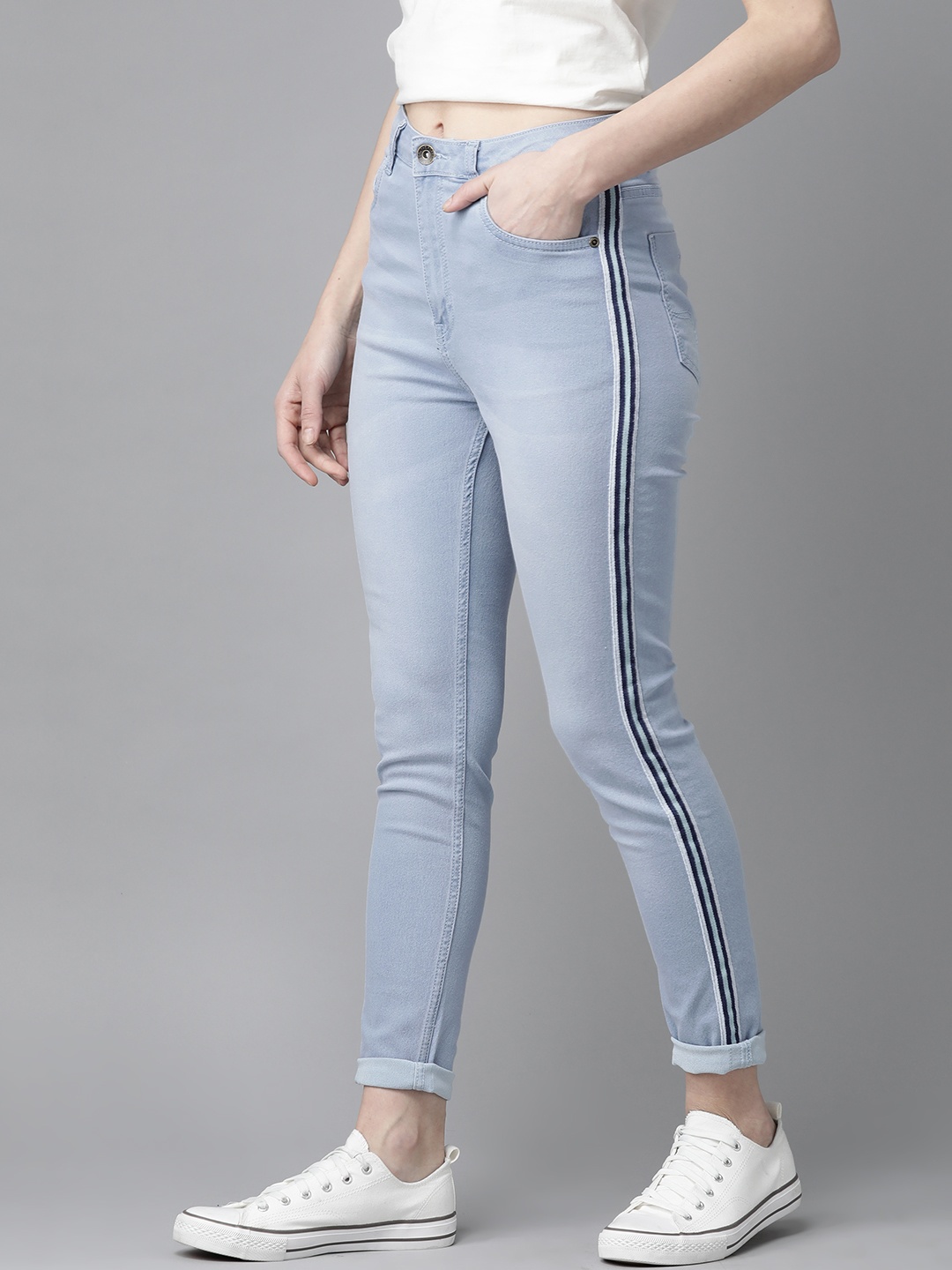 

Roadster Women Blue Super Skinny Fit High-Rise Side Striped Clean Look Stretchable Jeans