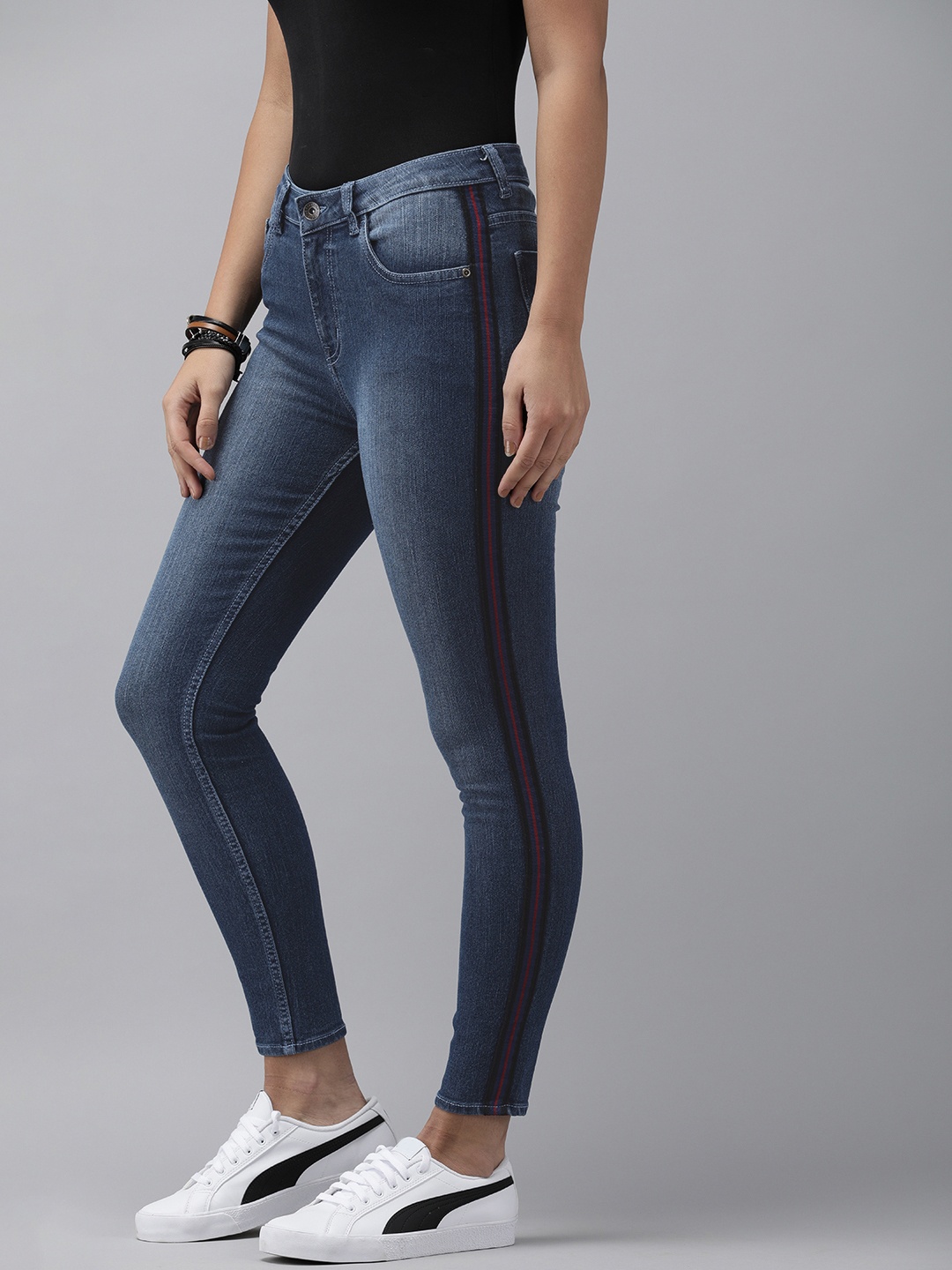 

Roadster Women Navy Blue Super Skinny Fit High-Rise Side Striped Clean Look Stretchable Jeans