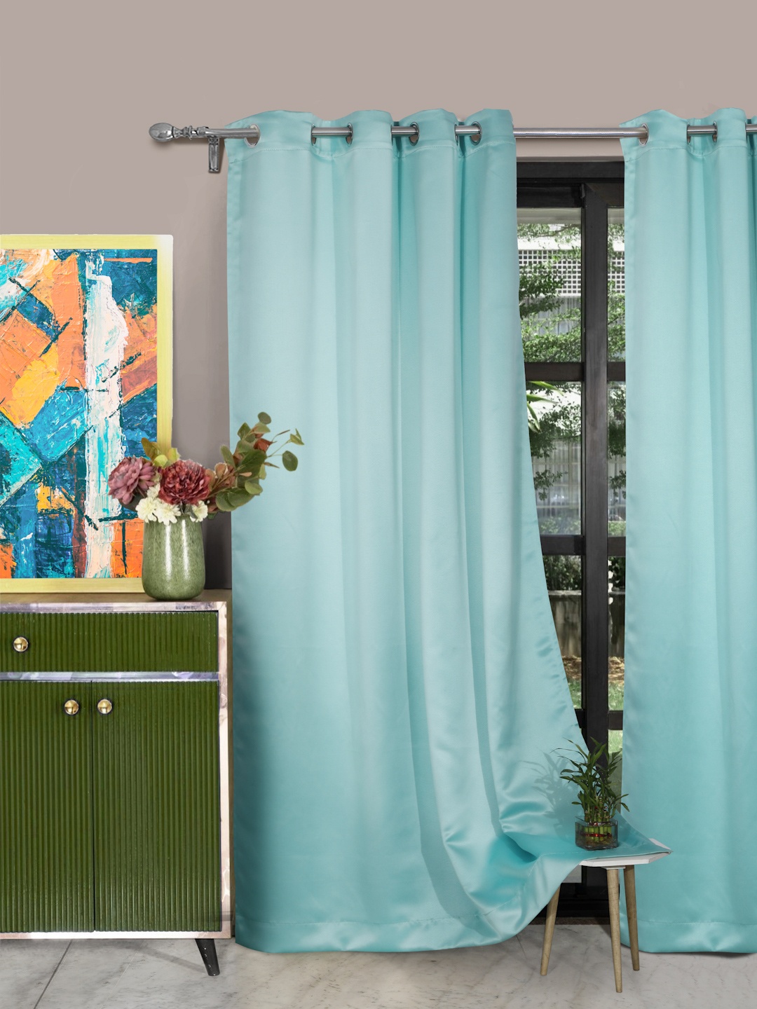 

ROSARA HOME Sea Green Set of 2 Solid Black Out Long Door Curtains
