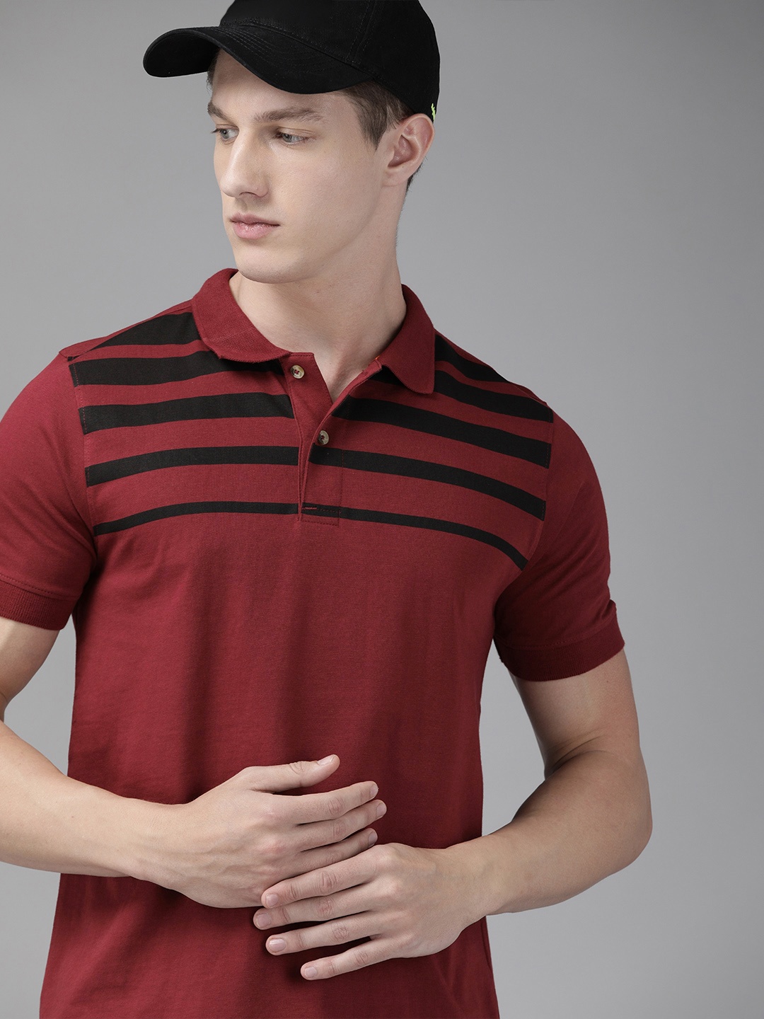 

Wildcraft Men Maroon Striped Active 7 Pure Cotton Polo Collar Pure Cotton T-shirt