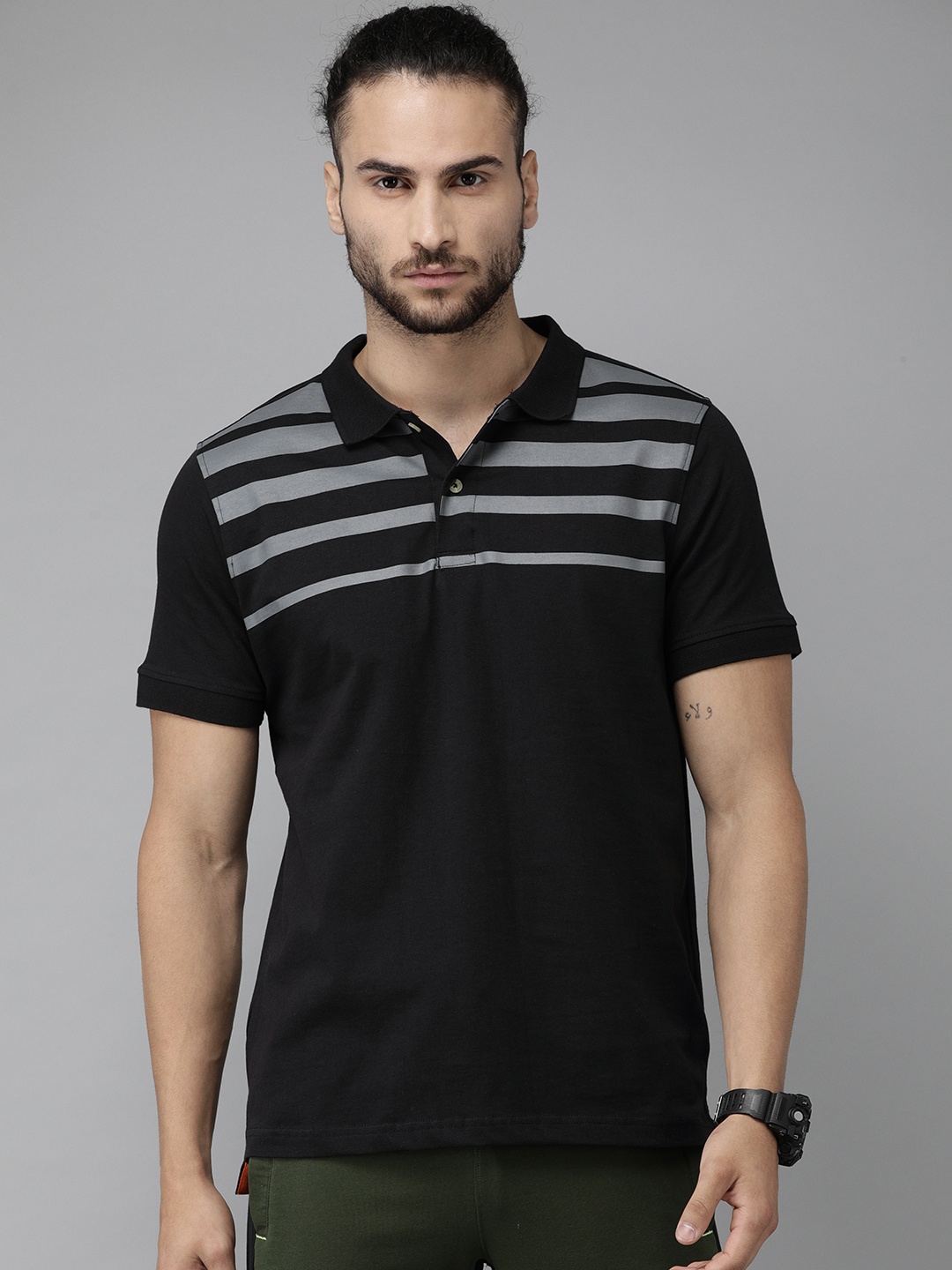 

Wildcraft Men Black Grey Striped Polo Collar Pure Cotton T-shirt