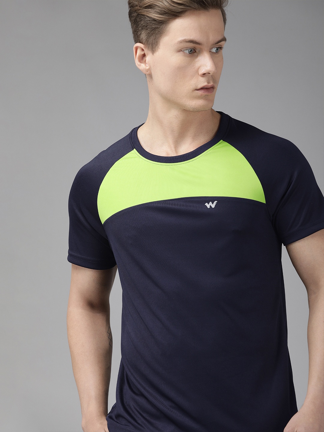 

Wildcraft Men Navy Blue & Lime Green Active Crew 7 Colourblocked Round Neck T-shirt