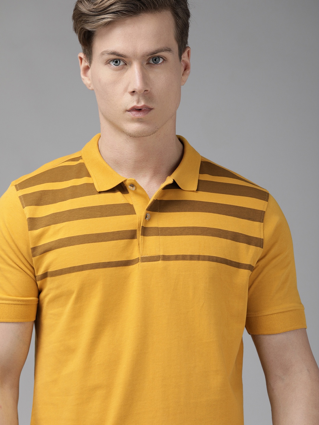 

Wildcraft Men Mustard Yellow Striped Polo Collar Pure Cotton T-shirt