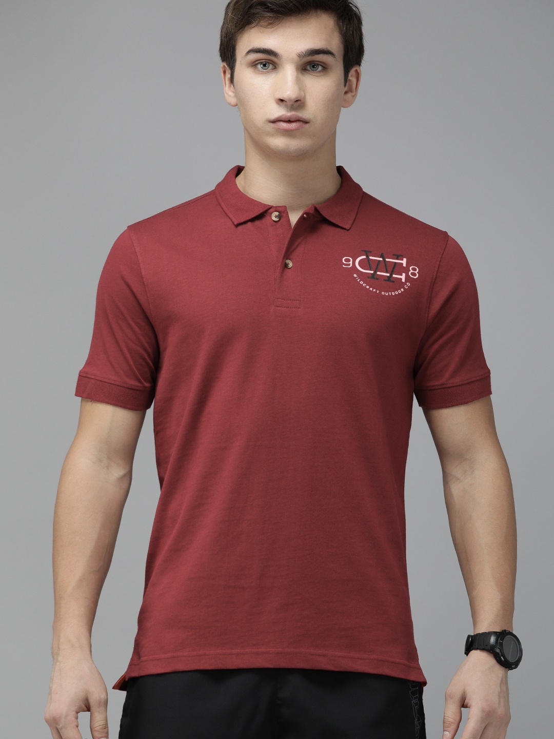 

Wildcraft Men Maroon Solid Polo Collar Active Pure Cotton T-shirt with Printed Detail