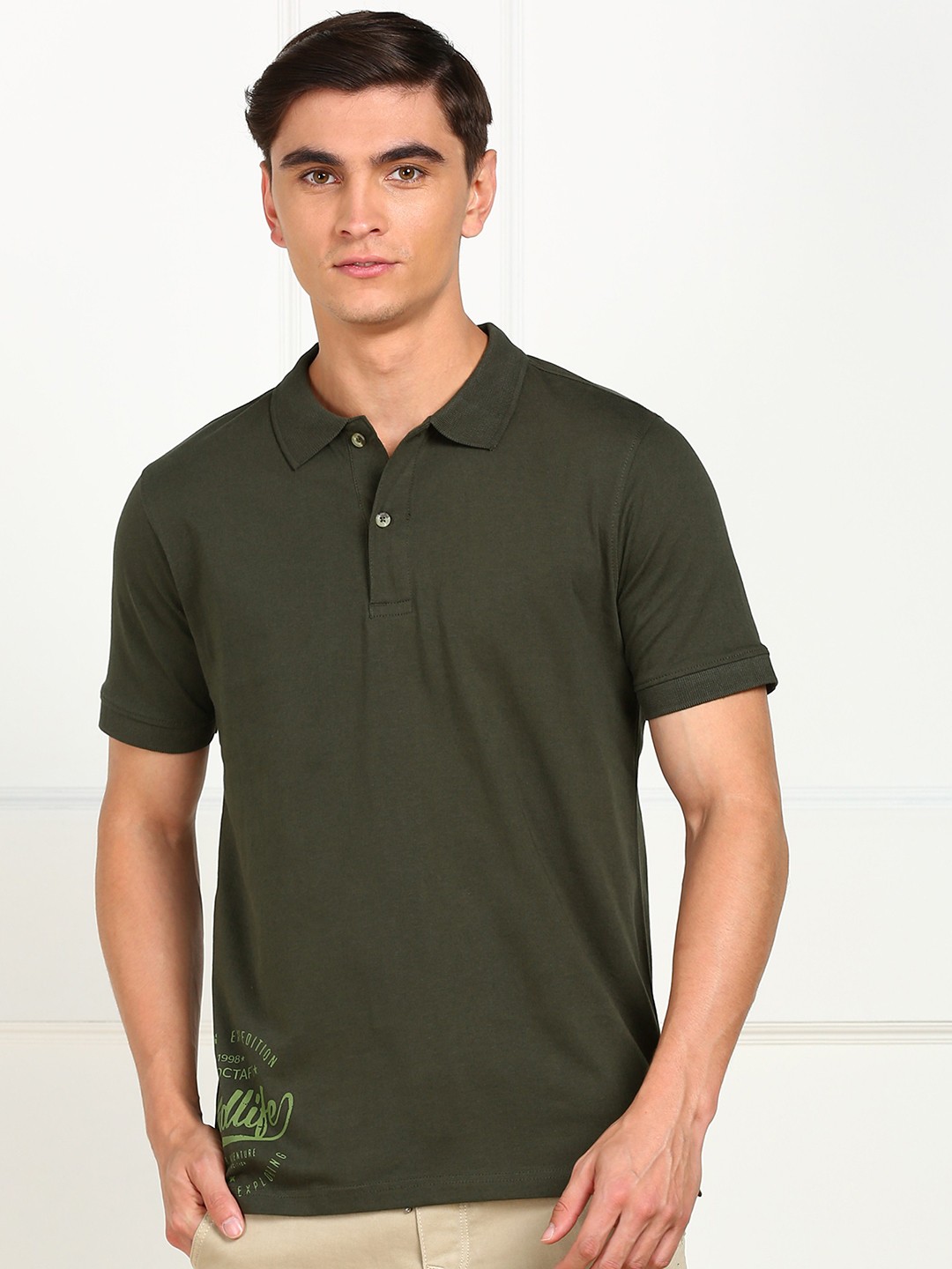 

Wildcraft Men Olive Green Printed Pure Cotton Polo Collar Anti Odour T-shirt
