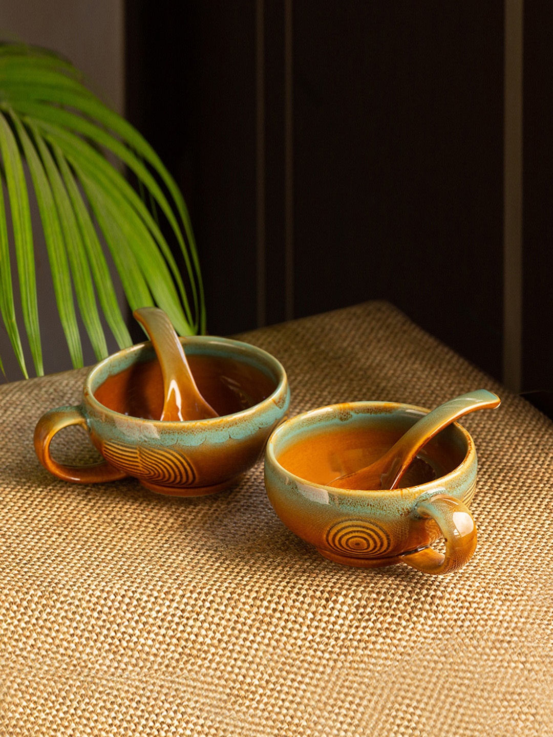 

ExclusiveLane Brown & Sea Green Set of 2 Hand-Engraved Soup Bowls With Spoons 320 ML Each