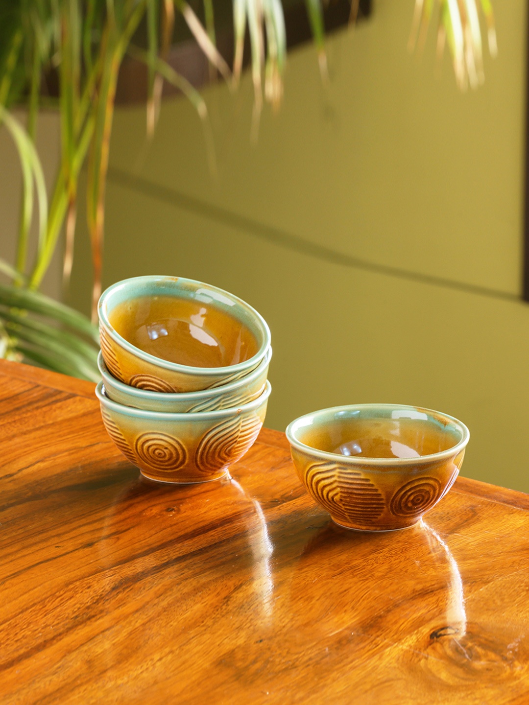 

ExclusiveLane Brown & Sea Green Set of 4 Peacock Hand-Engraved Dining Bowls 200 ML Each