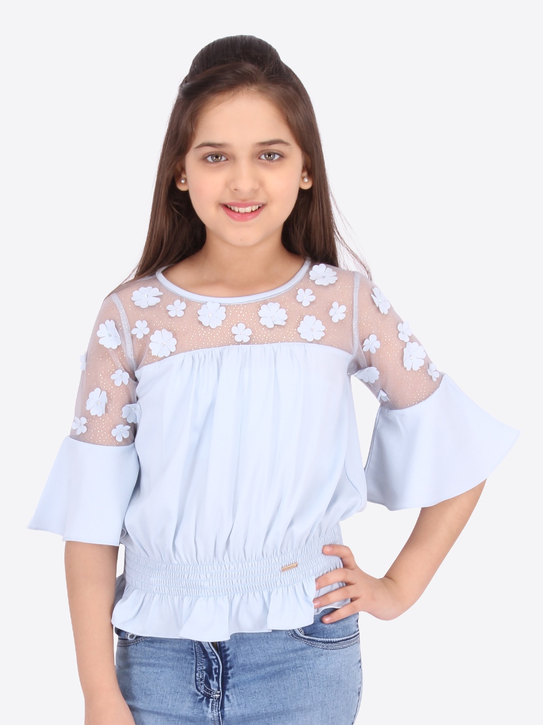 

CUTECUMBER Girls Blue Bell Sleeves Georgette Cinched Waist Top