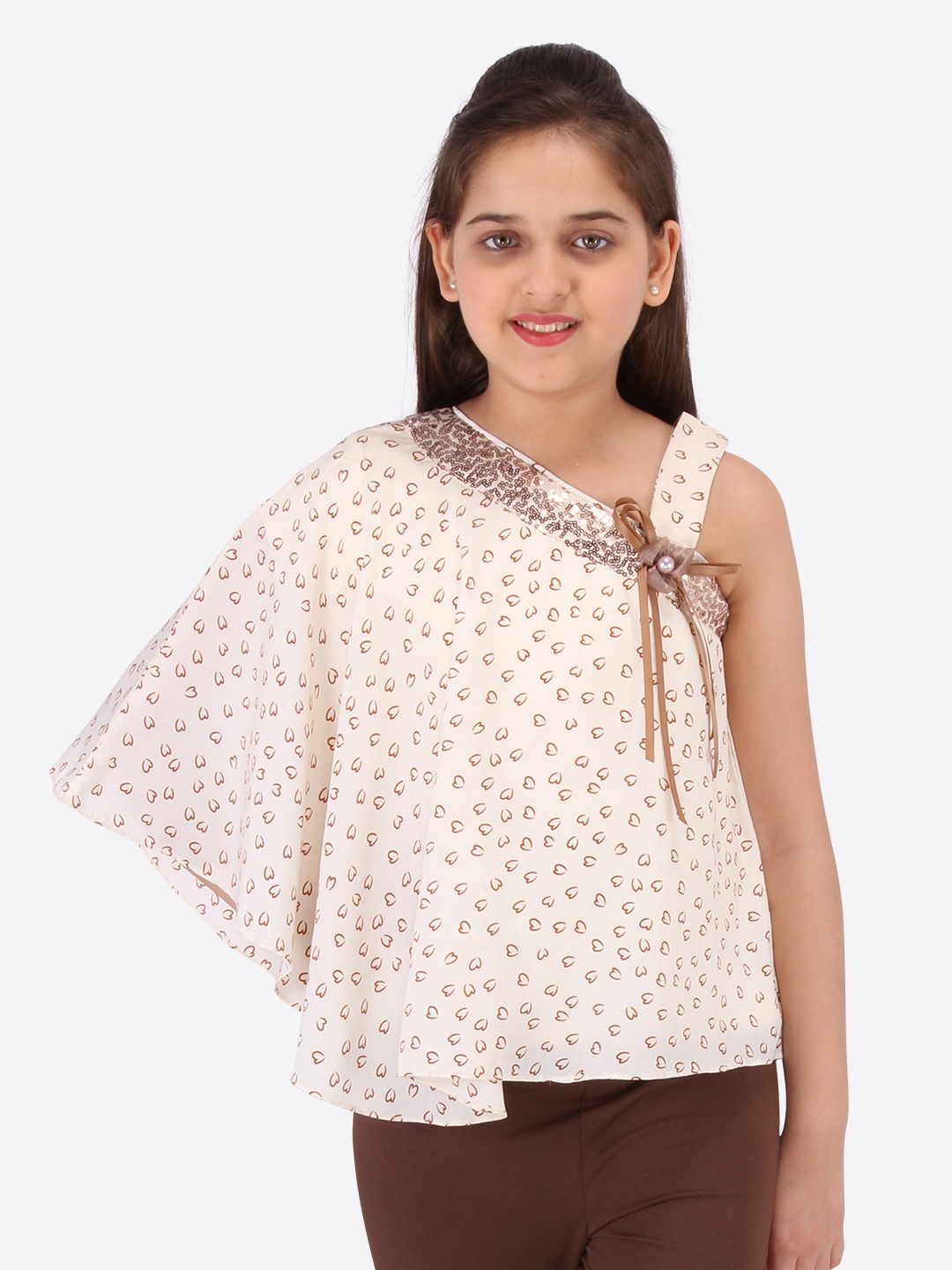 

CUTECUMBER Girls Cream-Coloured Printed One Shoulder Batwing Sleeves Georgette Cape Top