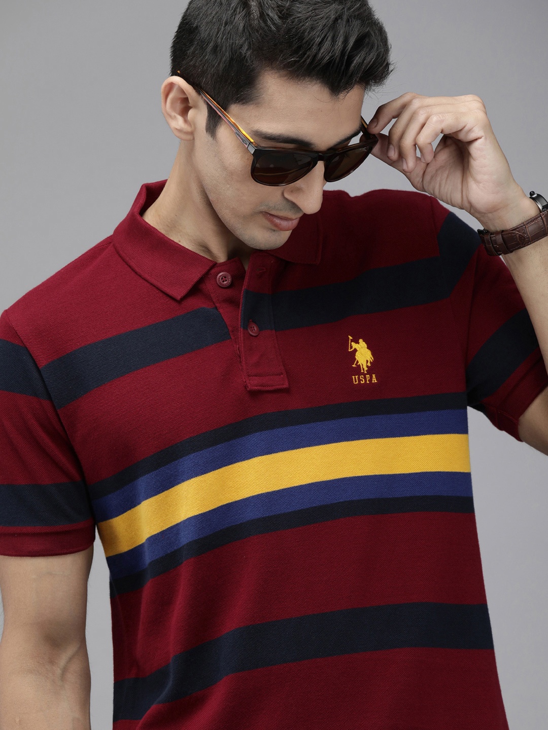 

U.S. Polo Assn. Men Maroon Navy Blue Striped Polo Collar Pure Cotton T-shirt