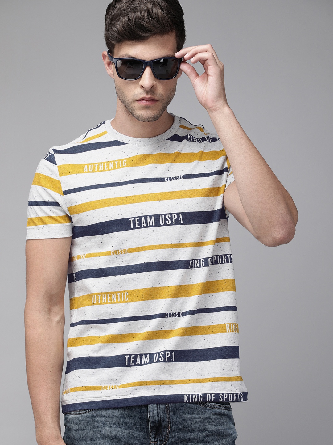 

U.S. Polo Assn. Denim Co. Men White Striped Round Neck T-shirt with Speckled Effect