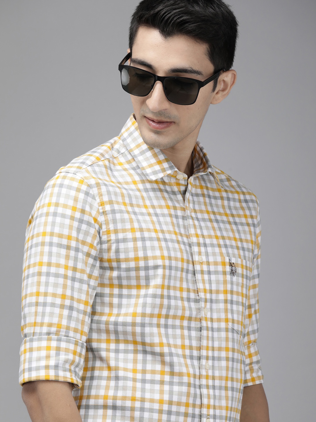 

U.S. Polo Assn. Men Yellow & Grey Tailored Fit Checked Pure Cotton Casual Shirt