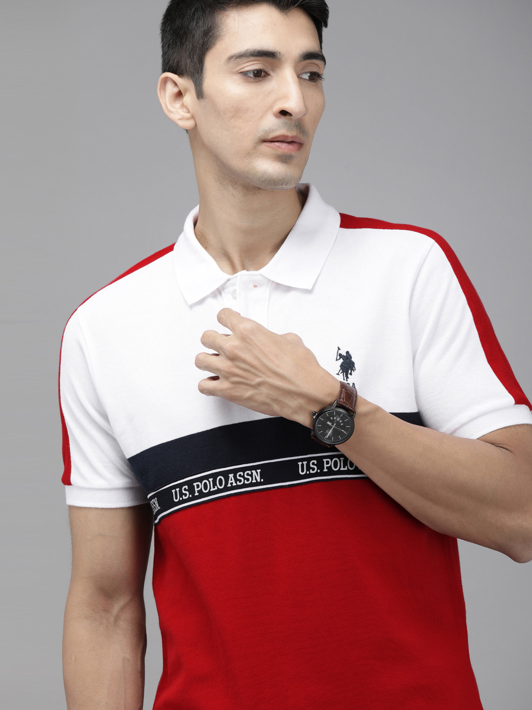 

U.S. Polo Assn. Men White Colourblocked Polo Collar Cotton T-shirt with Striped Detail