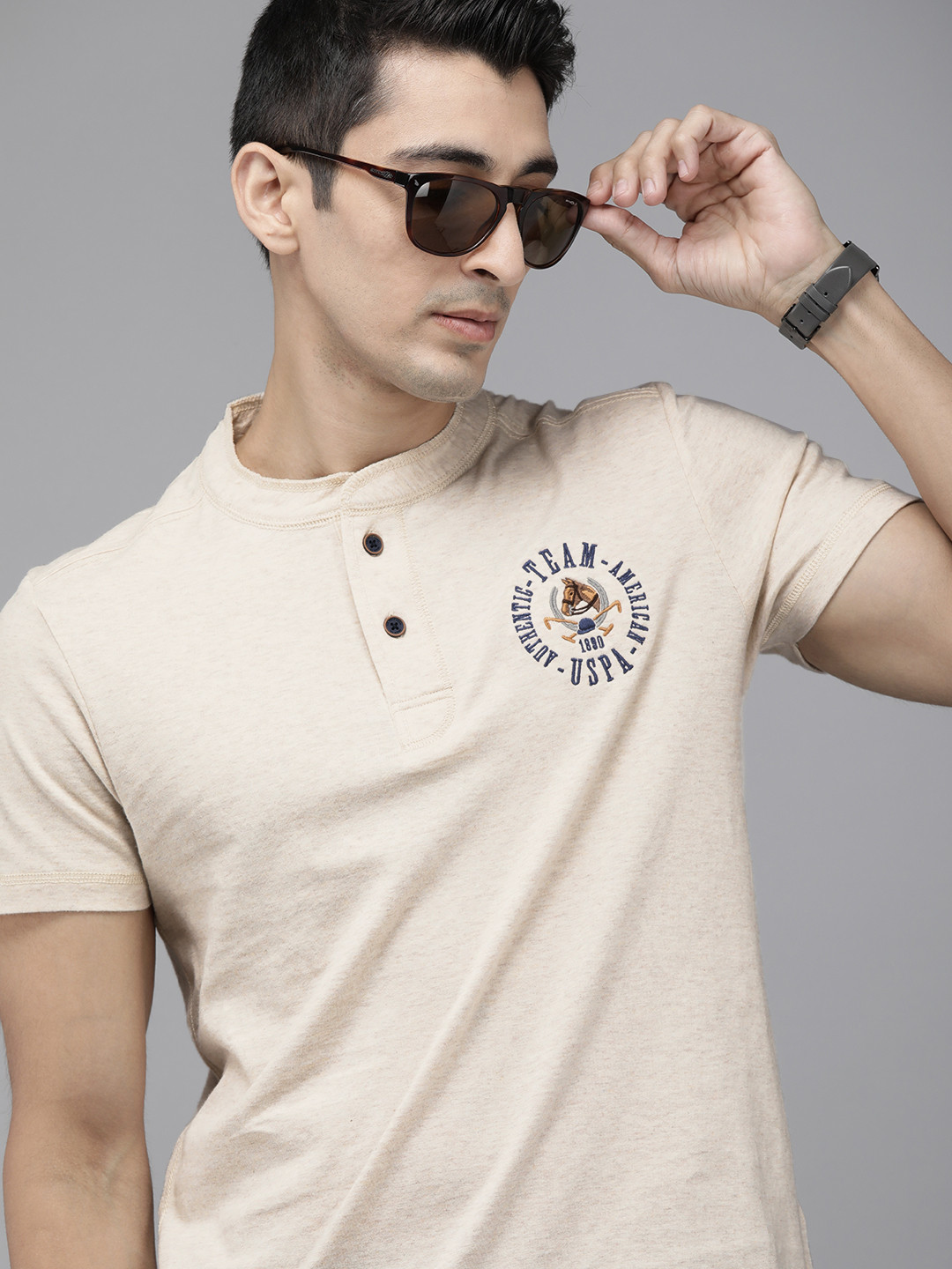 

U.S. Polo Assn. Denim Co. Men Beige Solid Henley Neck Pure Cotton T-shirt