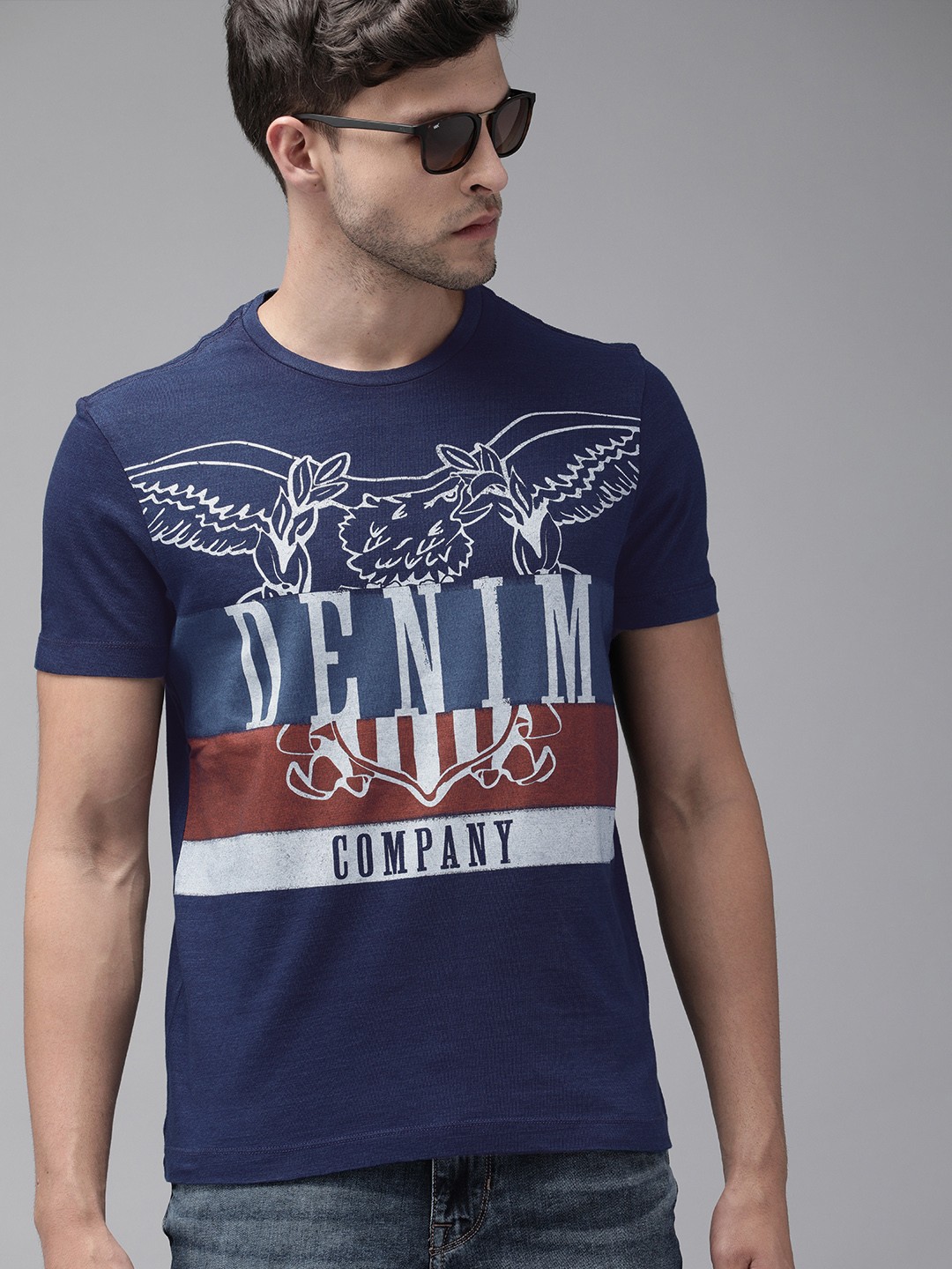

U.S. Polo Assn. Denim Co. Men Navy Blue White Pure Cotton Typography Printed Pure Cotton T-shirt