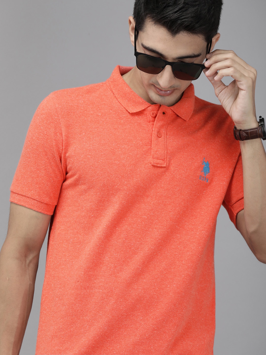 

U.S. Polo Assn. Men Orange Solid Polo Collar T-shirt with Brand Logo Applique Detail