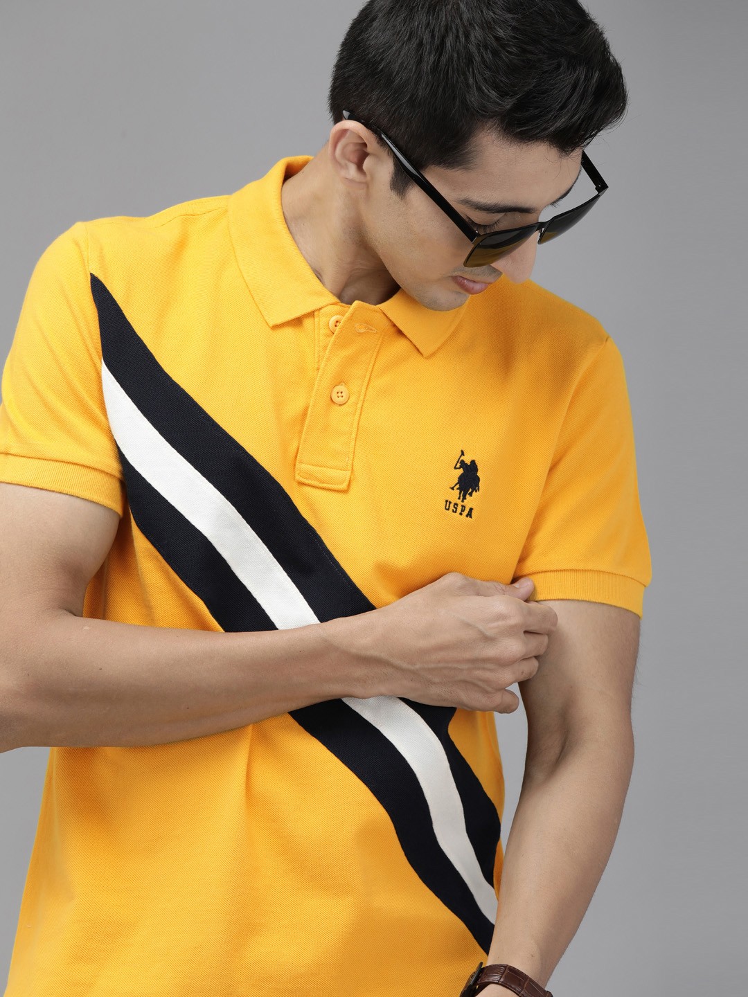 

U.S. Polo Assn. Men Yellow & Black Striped Polo Collar Cotton T-shirt