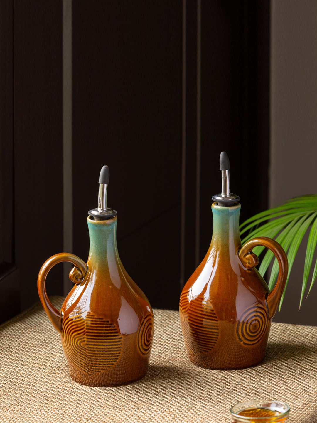 

ExclusiveLane Set Of 2 Brown & Sea Green Hand-Engraved Ceramic Oil Dispenser