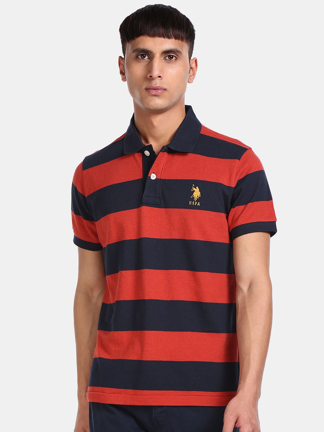 

U.S. Polo Assn. Men Navy Blue Red Striped Polo Collar Pure Cotton T-shirt